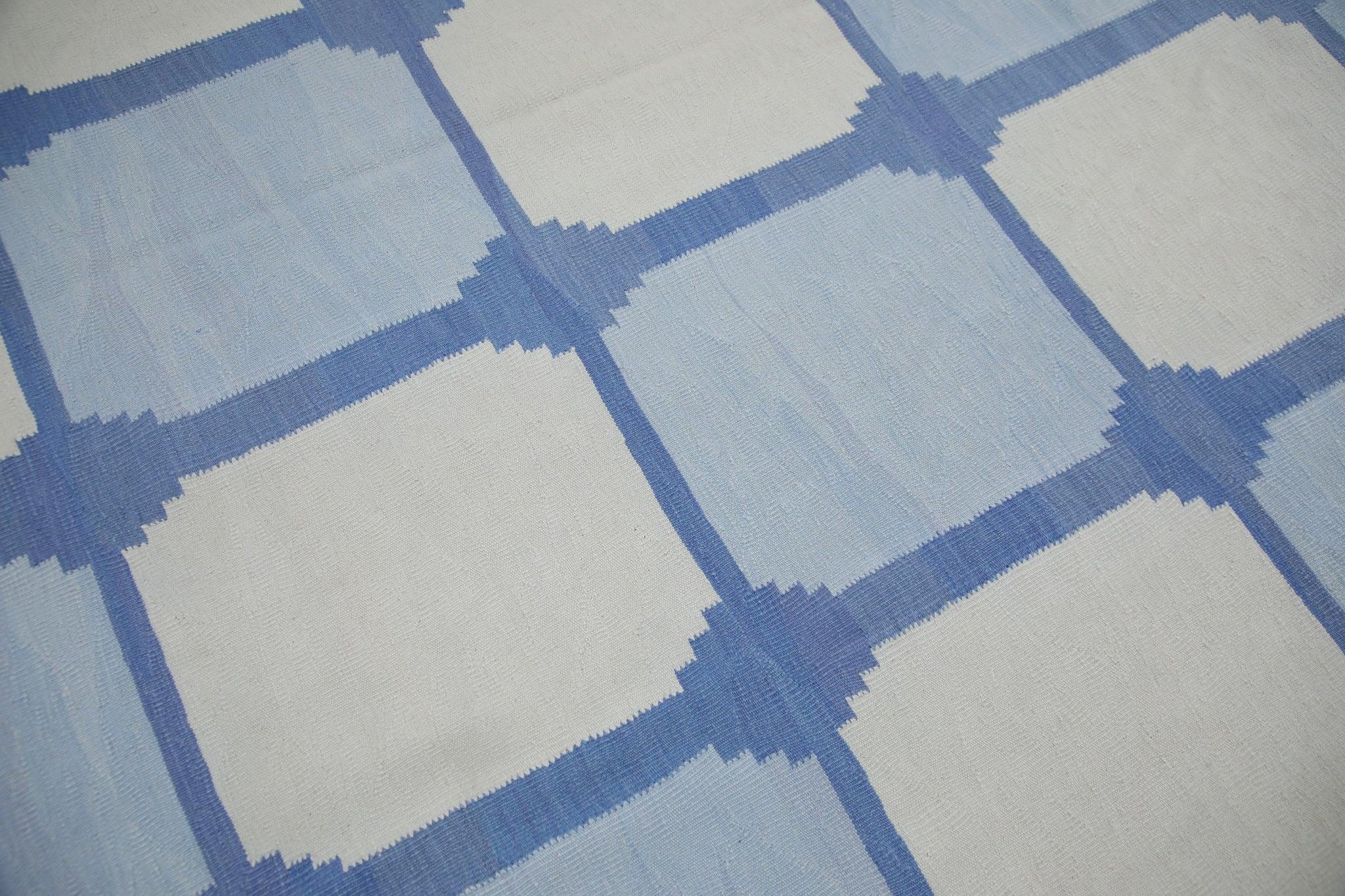 Modern Blue Geometric Design Flatweave Handmade Wool Rug 10'4