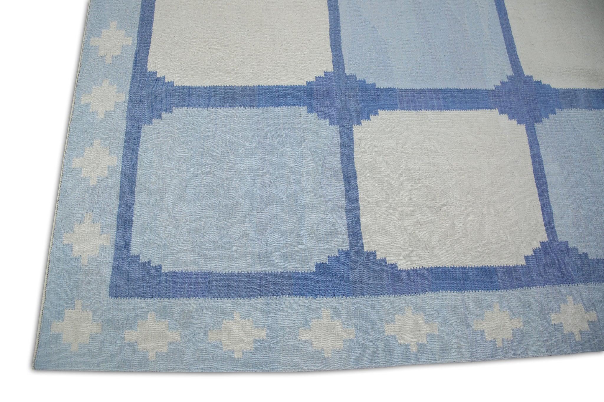 Turkish Blue Geometric Design Flatweave Handmade Wool Rug 10'4