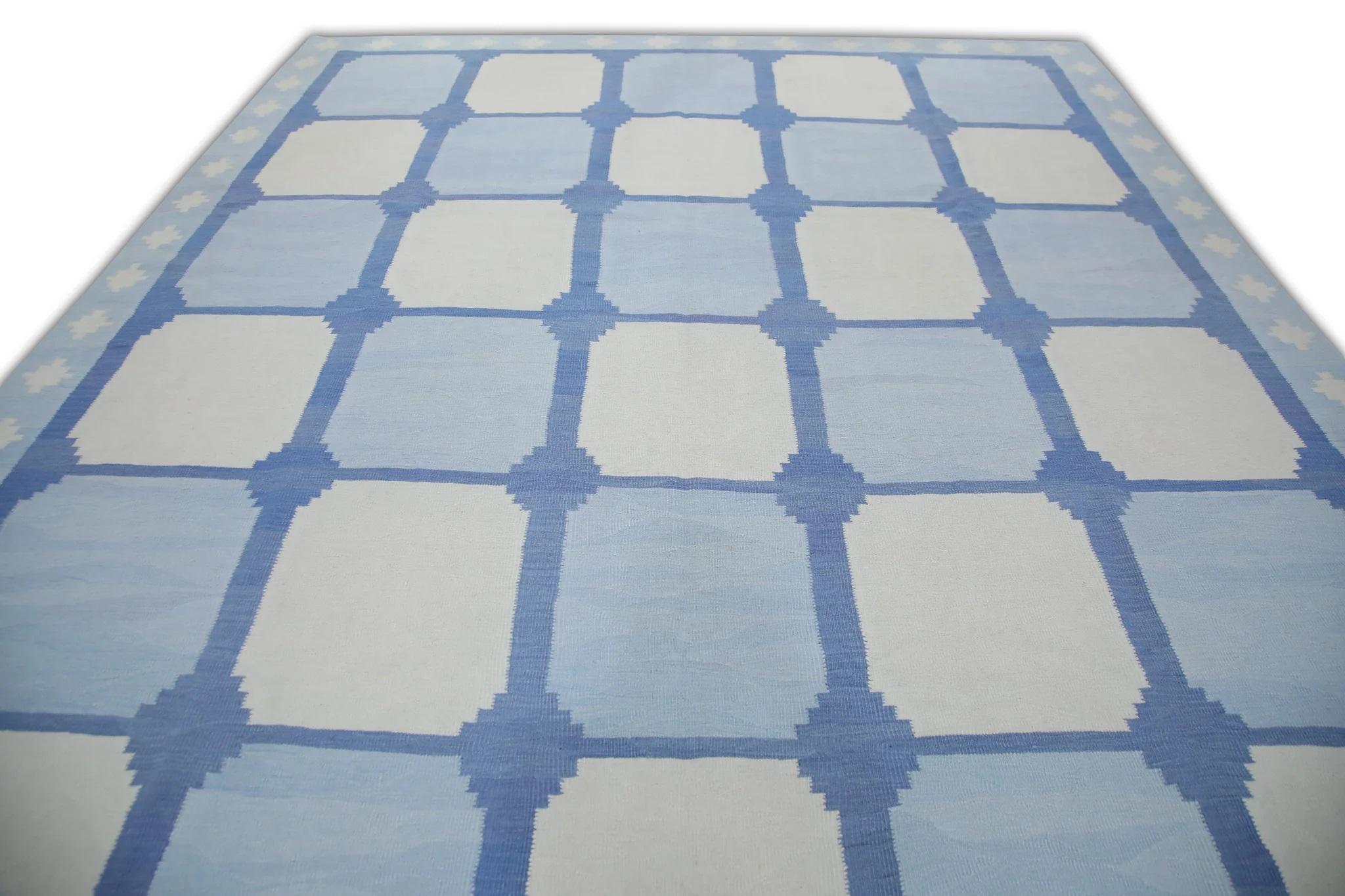 Vegetable Dyed Blue Geometric Design Flatweave Handmade Wool Rug 10'4