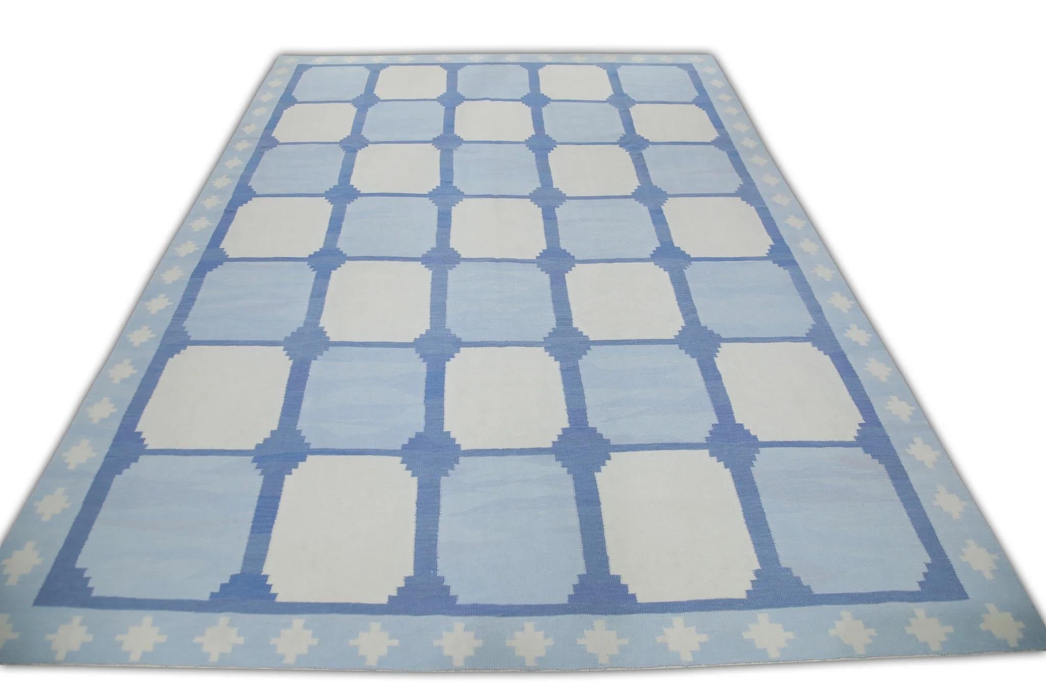 Blue Geometric Design Flatweave Handmade Wool Rug 10'4