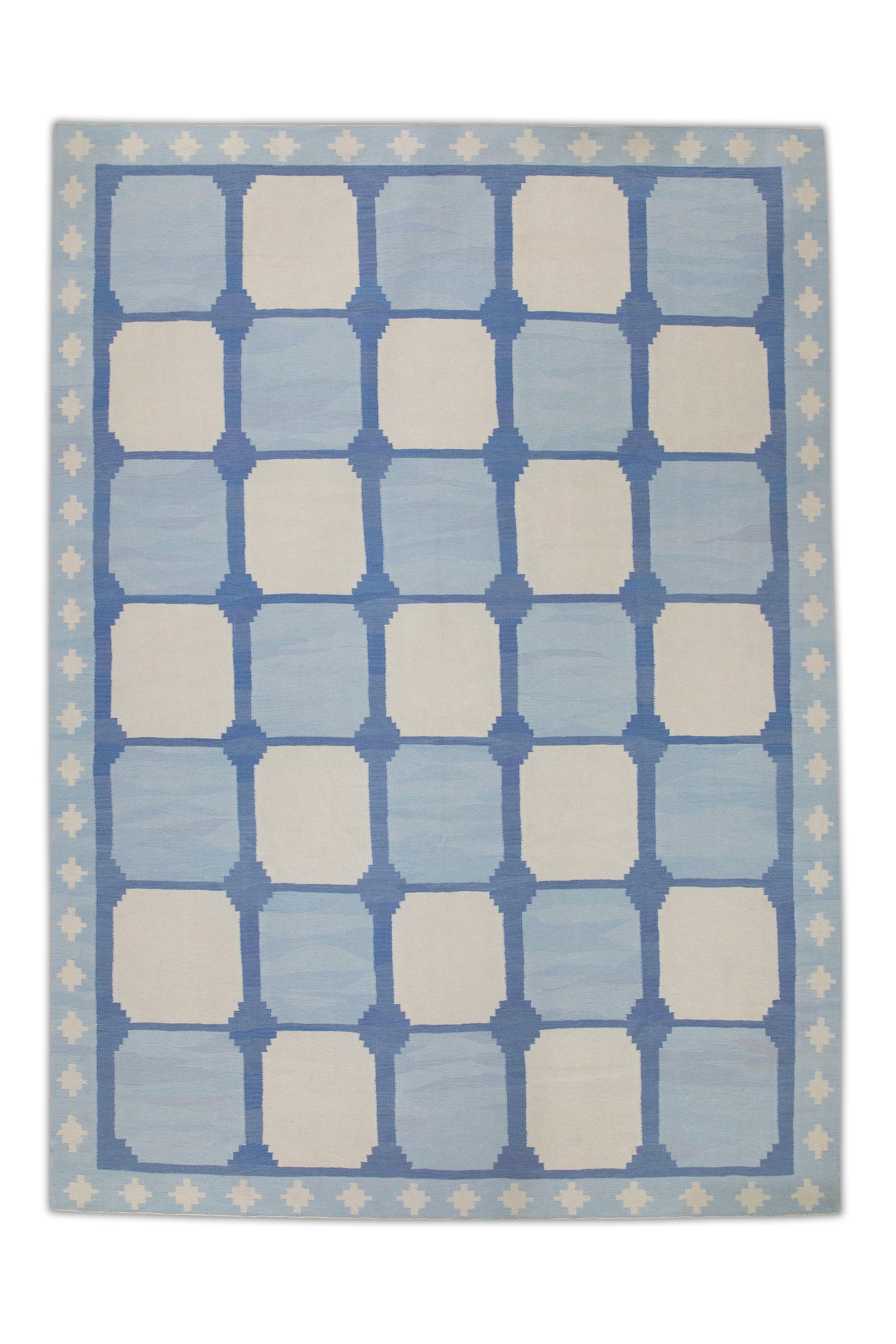 Contemporary Blue Geometric Design Flatweave Handmade Wool Rug 10'4