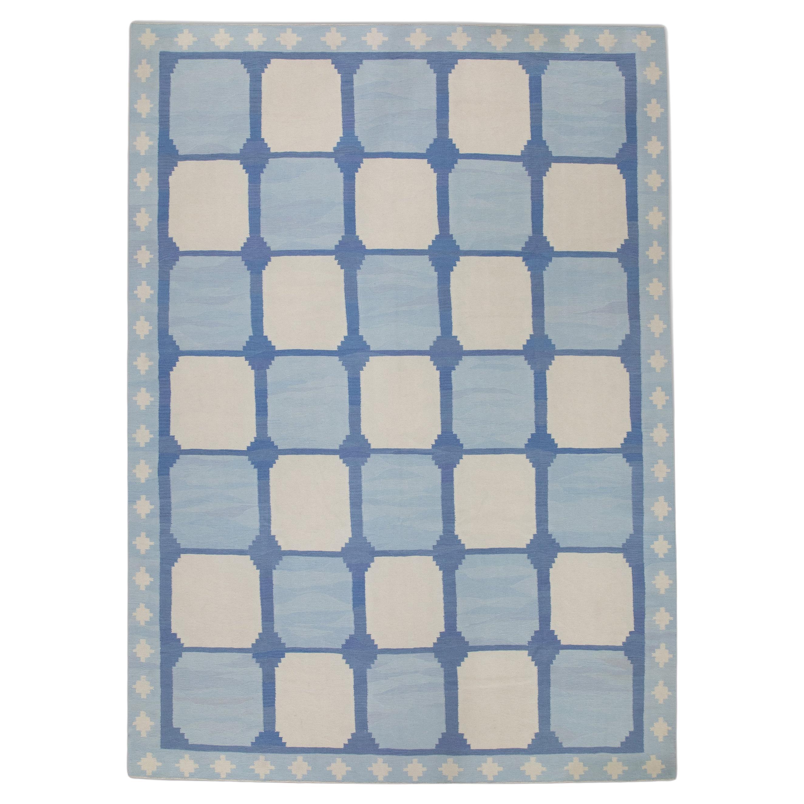 Blue Geometric Design Flatweave Handmade Wool Rug 10'4" X 14'4" For Sale
