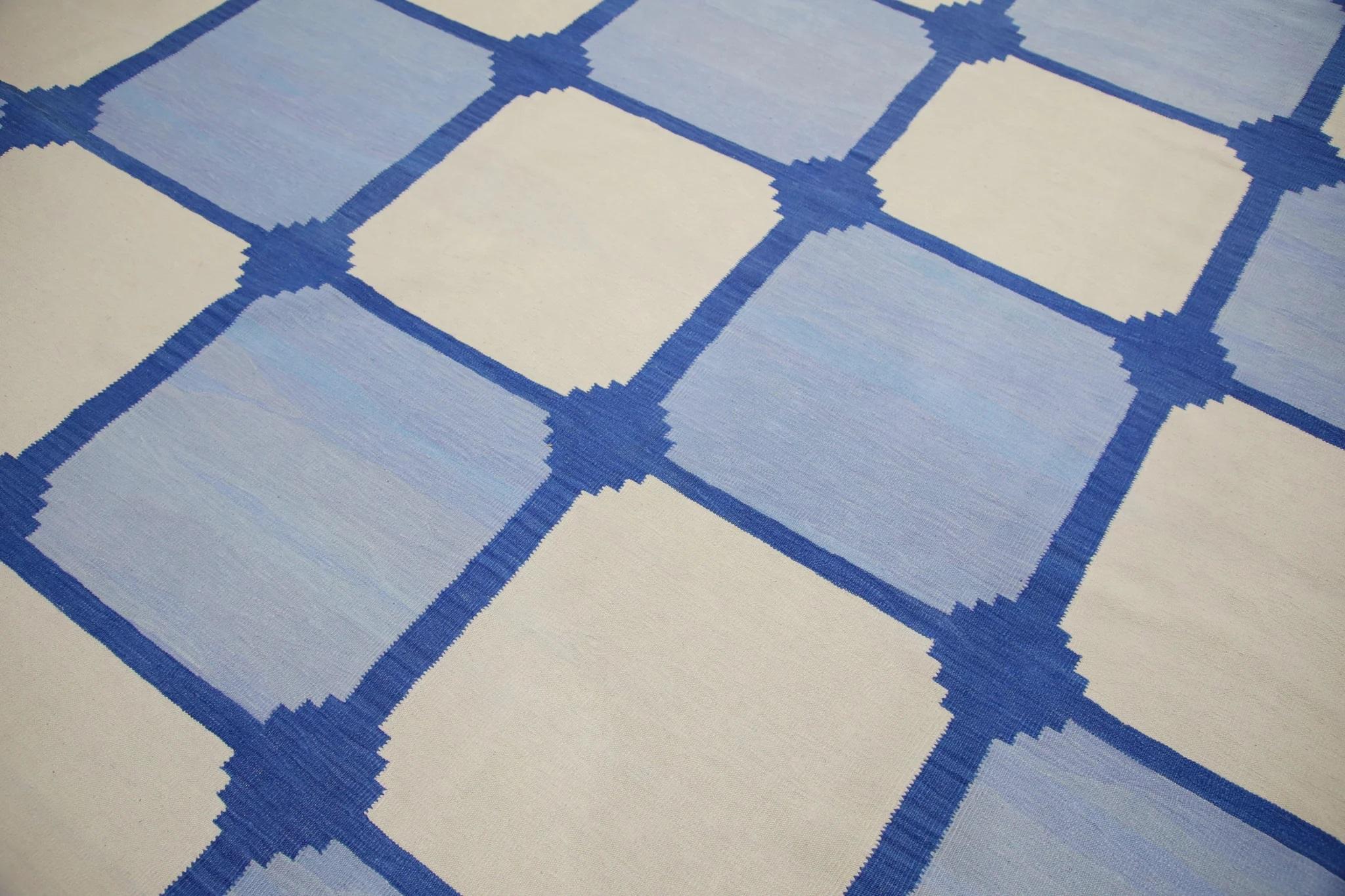 Modern Blue Geometric Pattern Flatweave Handmade Wool Rug 11'10