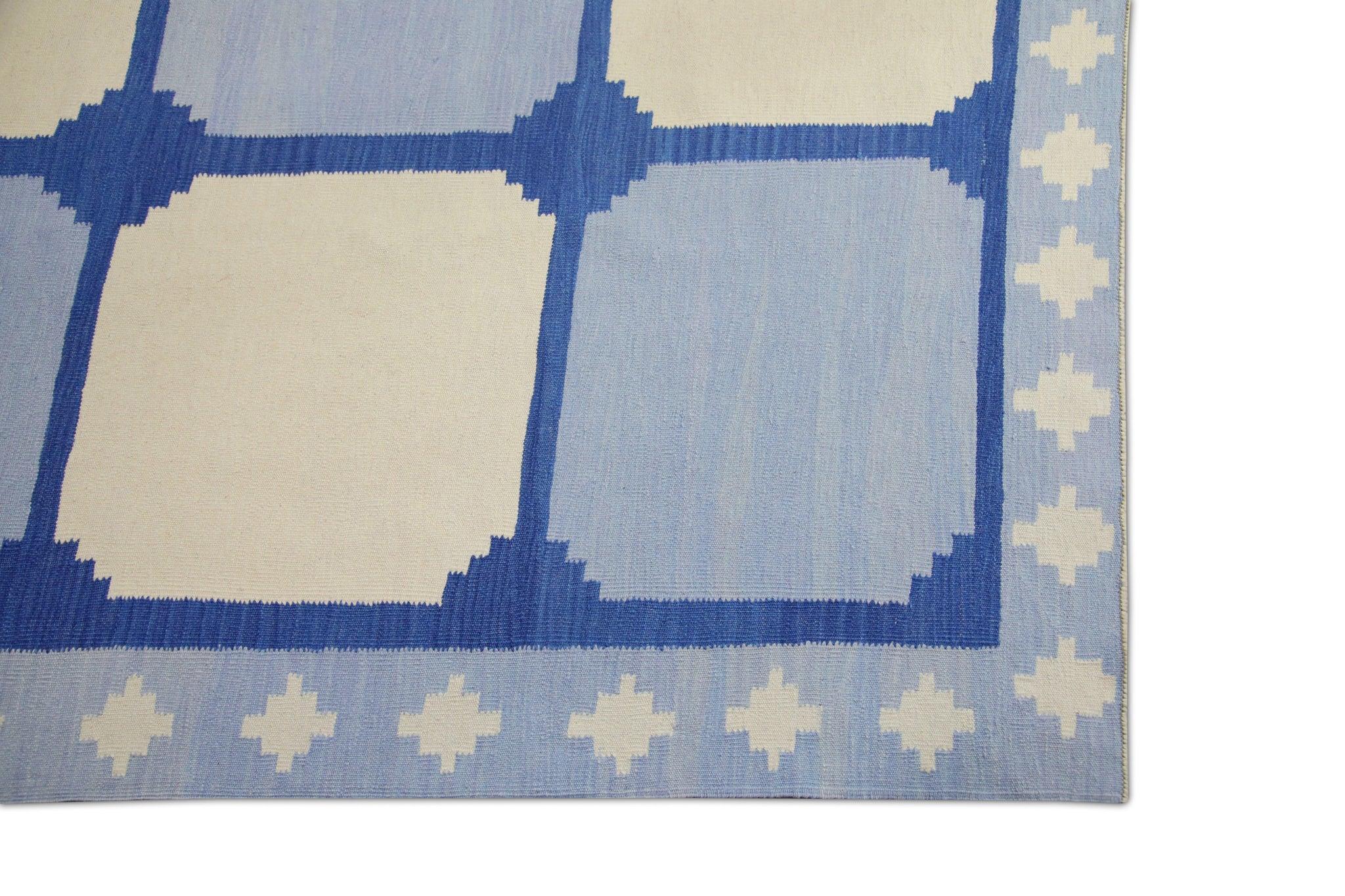 Turkish Blue Geometric Pattern Flatweave Handmade Wool Rug 11'10
