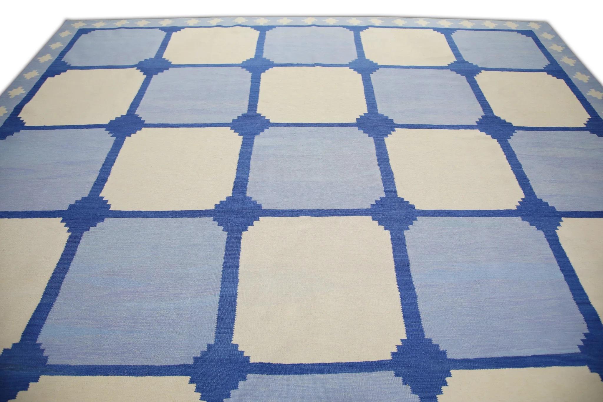 Vegetable Dyed Blue Geometric Pattern Flatweave Handmade Wool Rug 11'10
