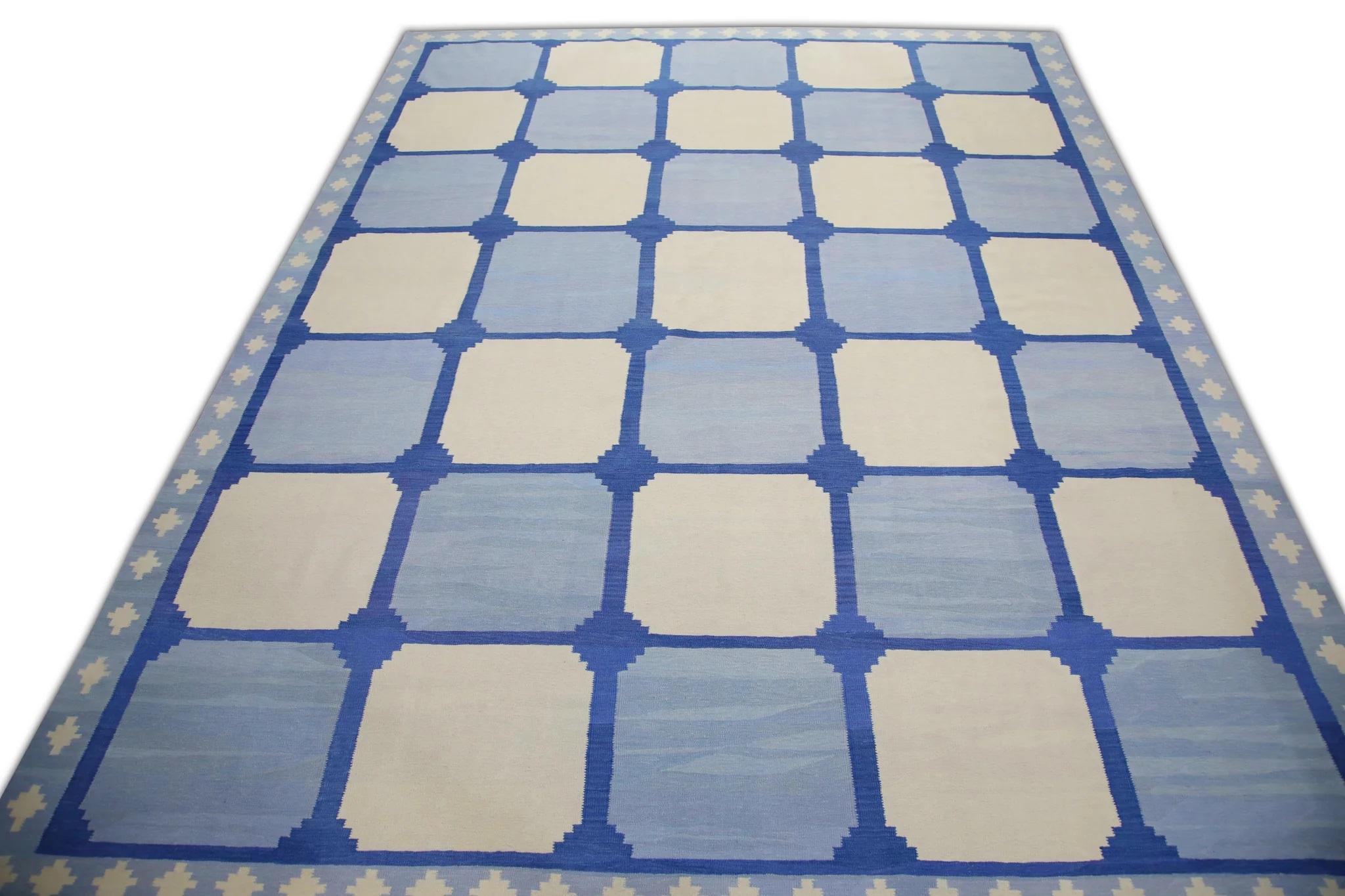 Blue Geometric Pattern Flatweave Handmade Wool Rug 11'10