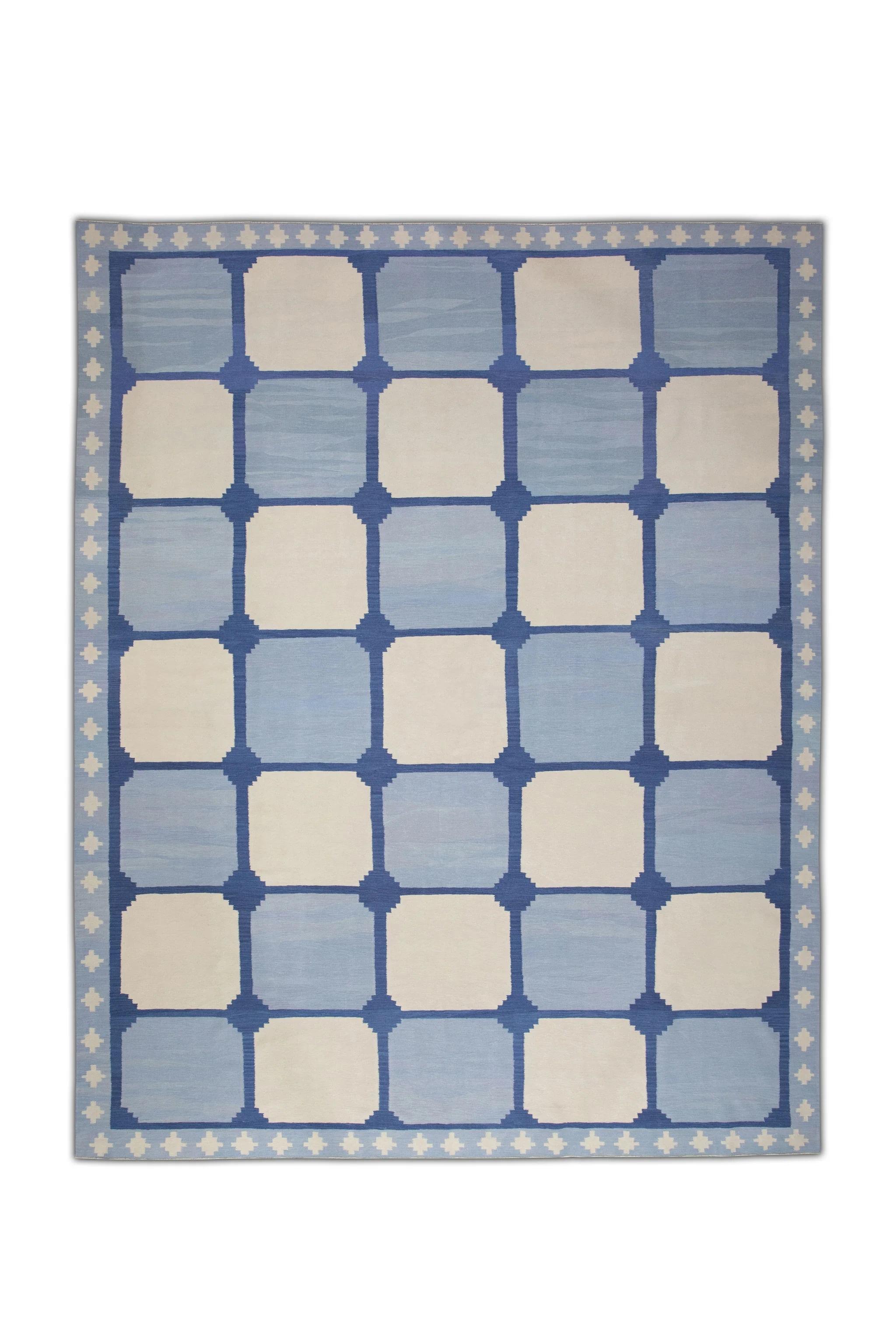 Contemporary Blue Geometric Pattern Flatweave Handmade Wool Rug 11'10