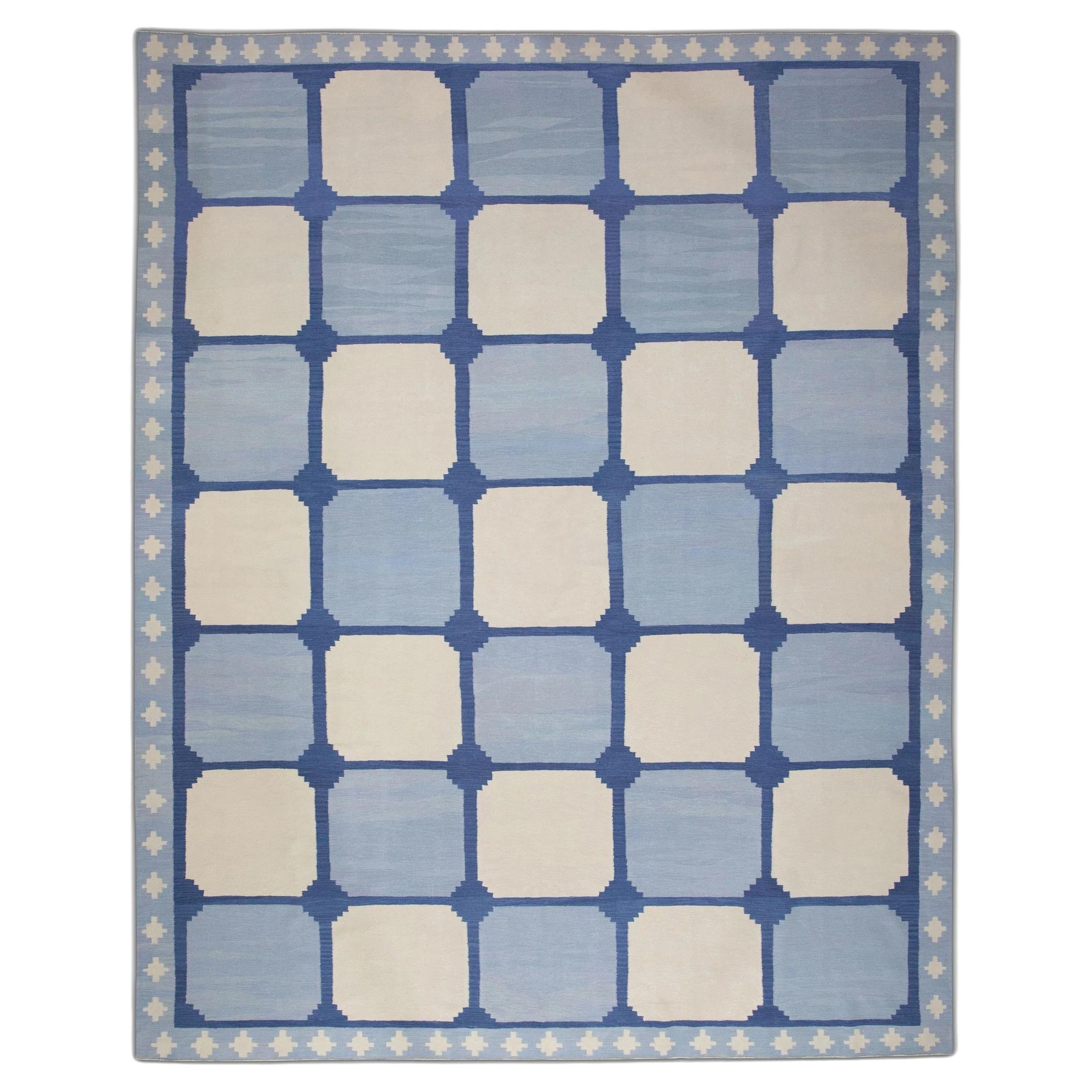 Tapis en laine bleu à motif géométrique tissé à plat fait à la main 11'10" X 14'11".