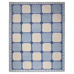 Tapis en laine bleu à motif géométrique tissé à plat fait à la main 11'10" X 14'11".