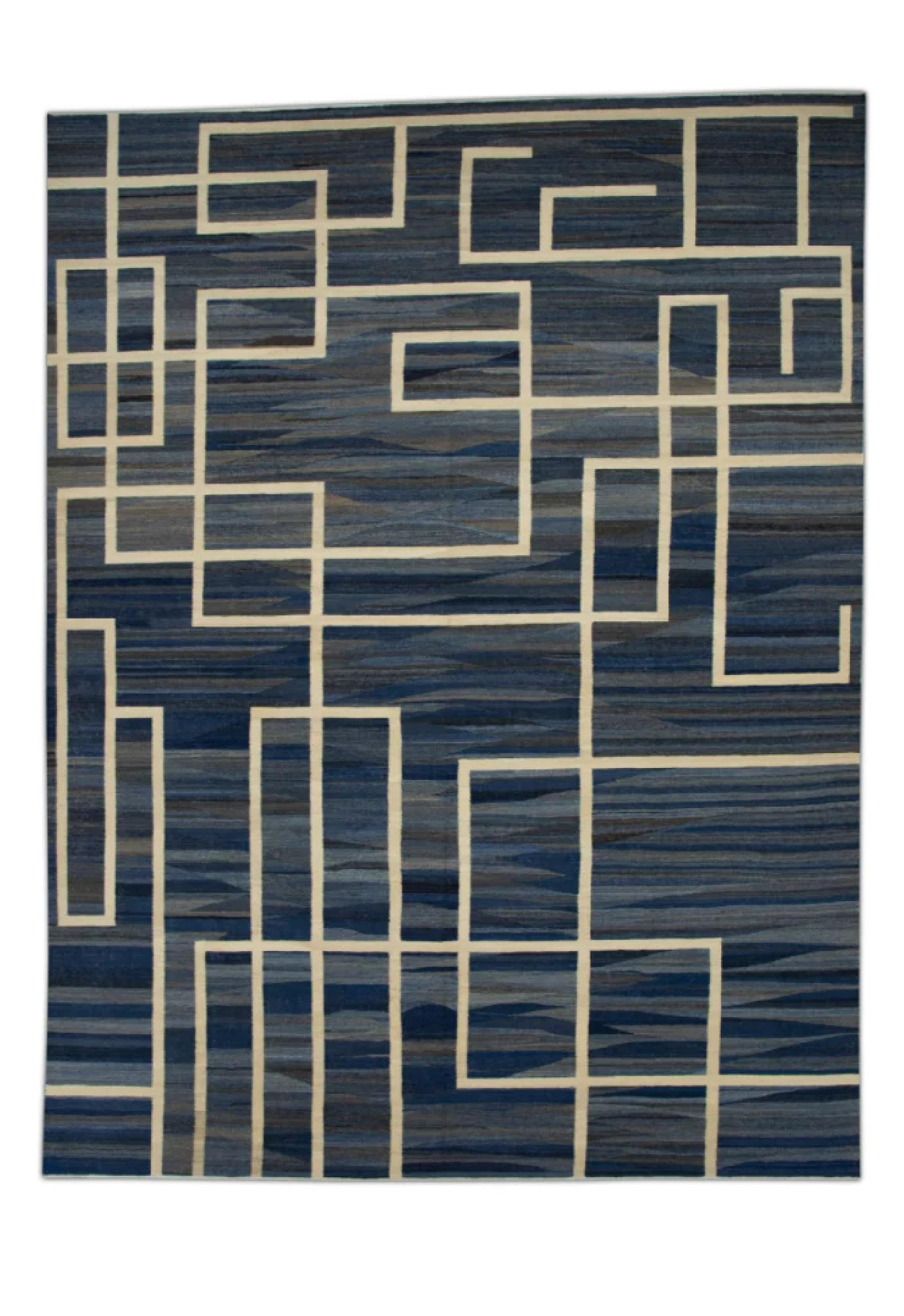 Vegetable Dyed Navy Flatweave Handmade Wool Rug in White Geometric Design 11'11