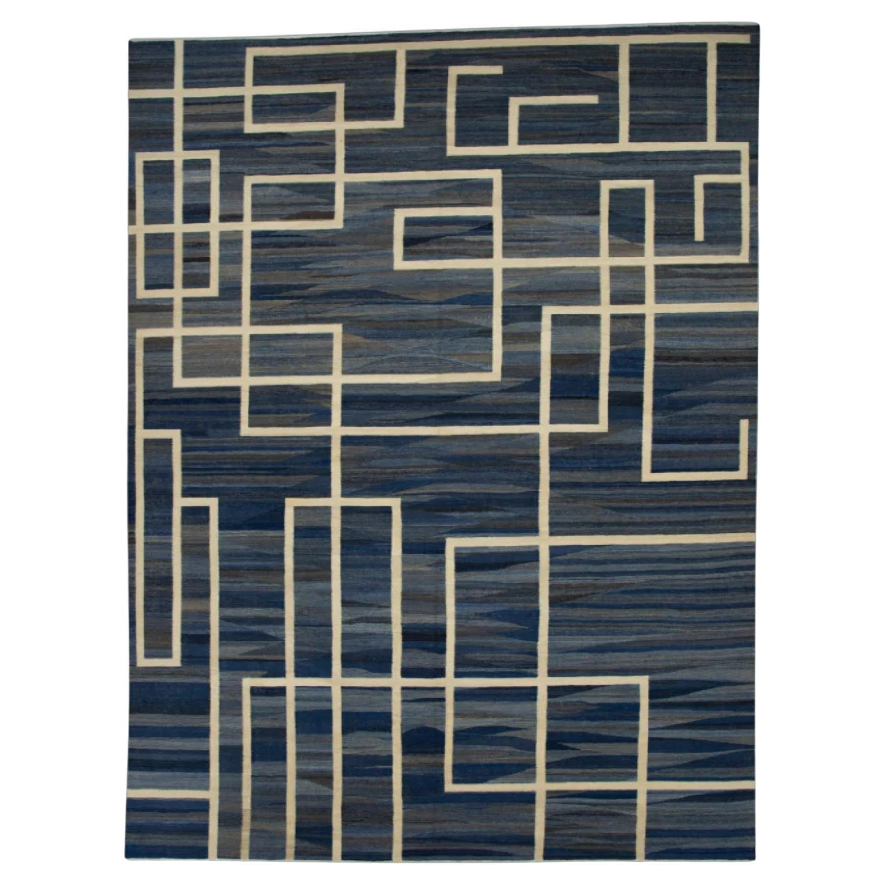 Marineblauer, handgefertigter Flachgewebe-Wollteppich in weißem, geometrischem Design 11'11" X 15'9"