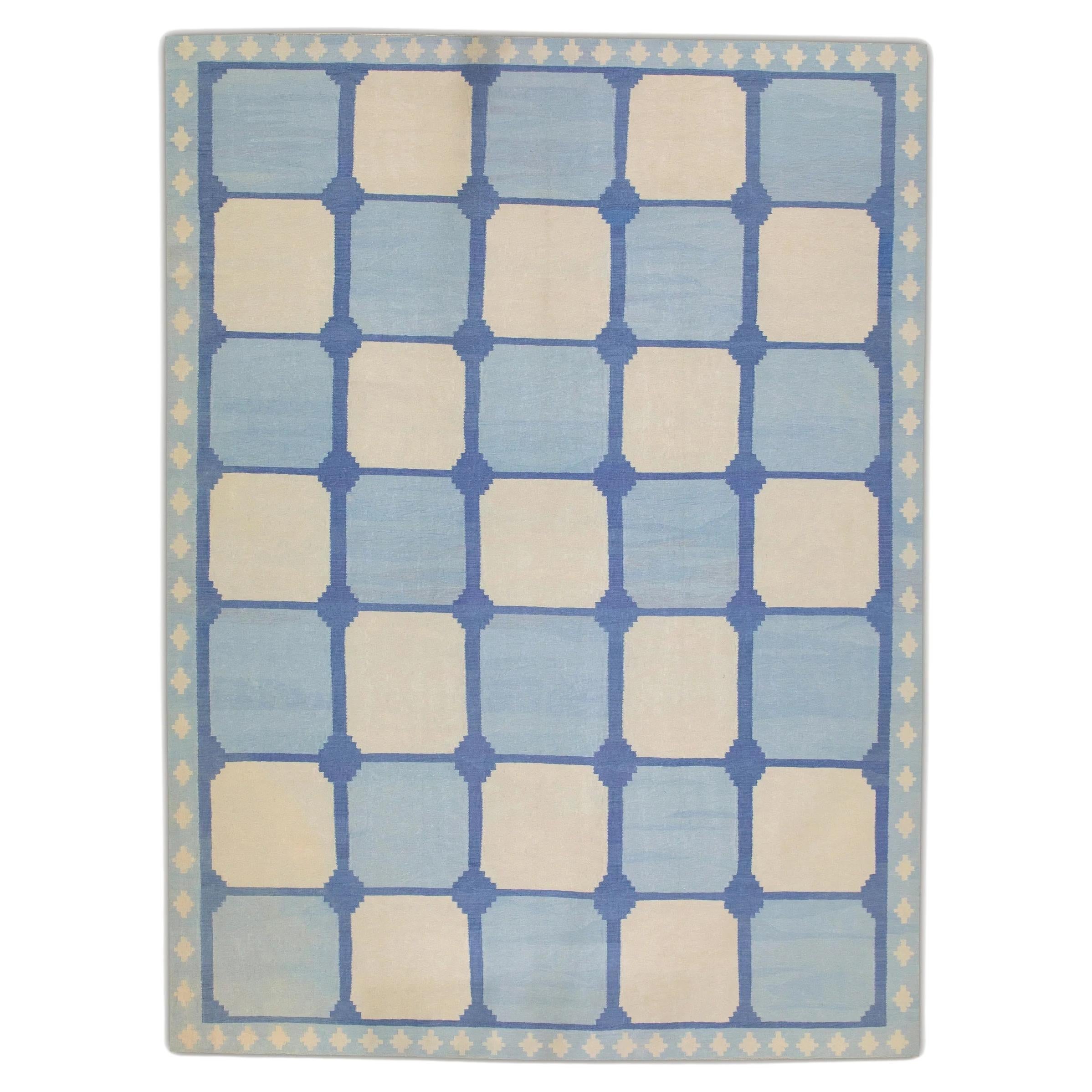 Blue Flatweave Handmade Wool Rug in Geometric Design 12'2" x 15'8"