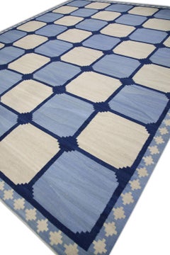 Blue Geometric Checkered Pattern Flatweave Handmade Wool Rug 12'5" X 15'5"