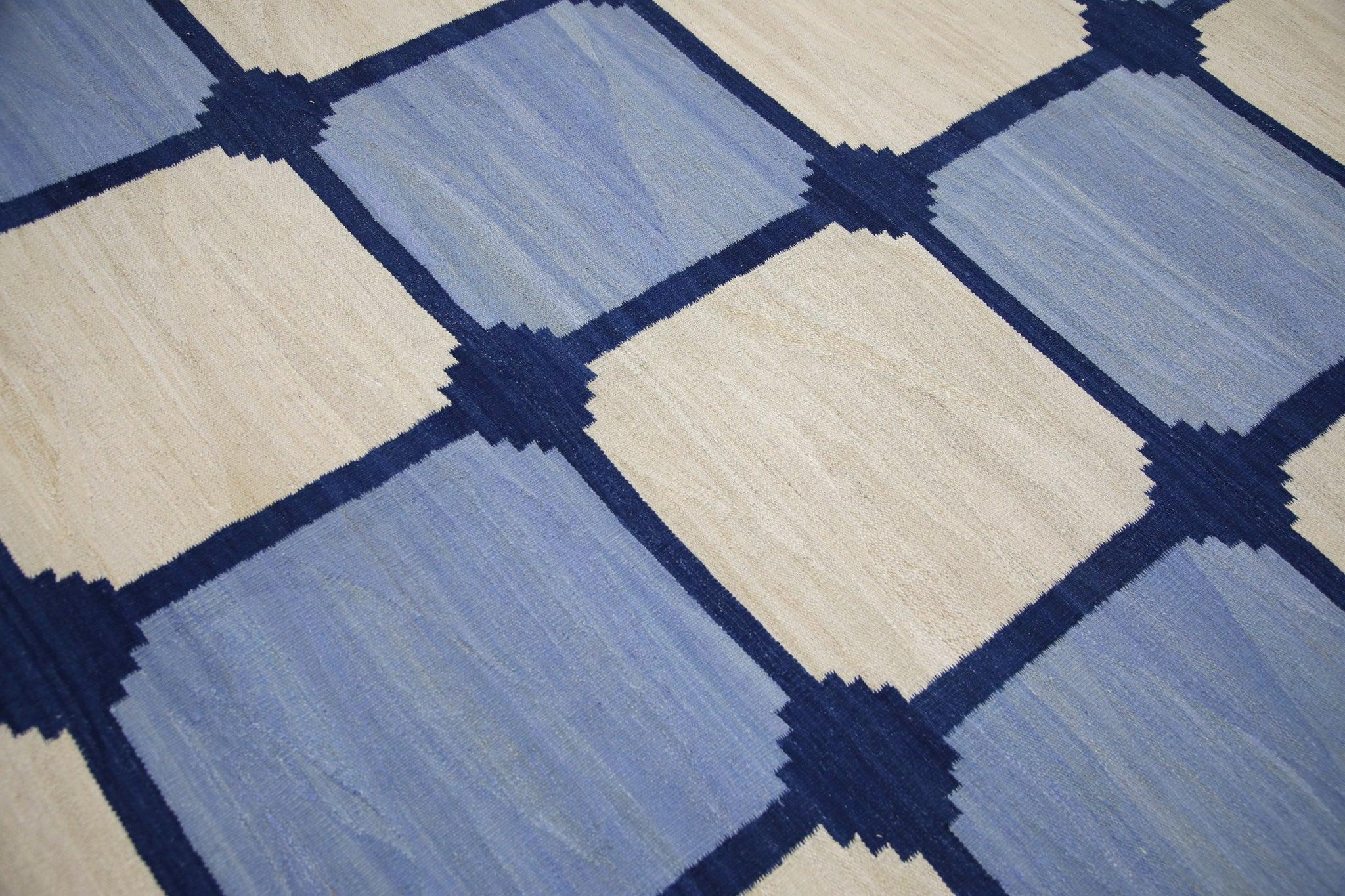Modern Blue Geometric Checkered Pattern Flatweave Handmade Wool Rug 12'5