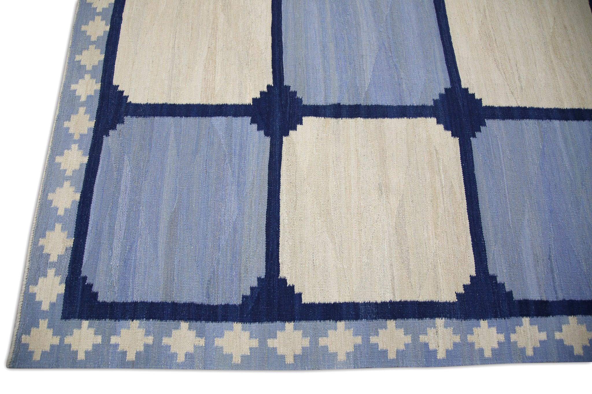 Turkish Blue Geometric Checkered Pattern Flatweave Handmade Wool Rug 12'5