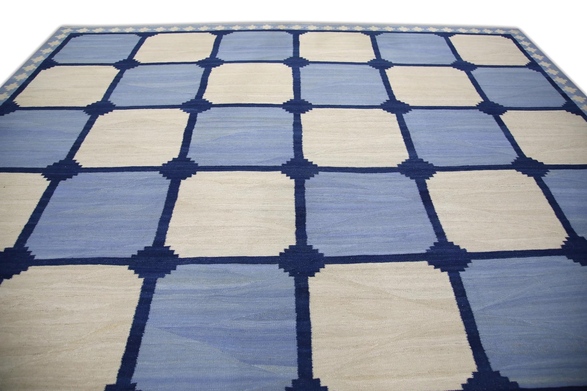 Vegetable Dyed Blue Geometric Checkered Pattern Flatweave Handmade Wool Rug 12'5