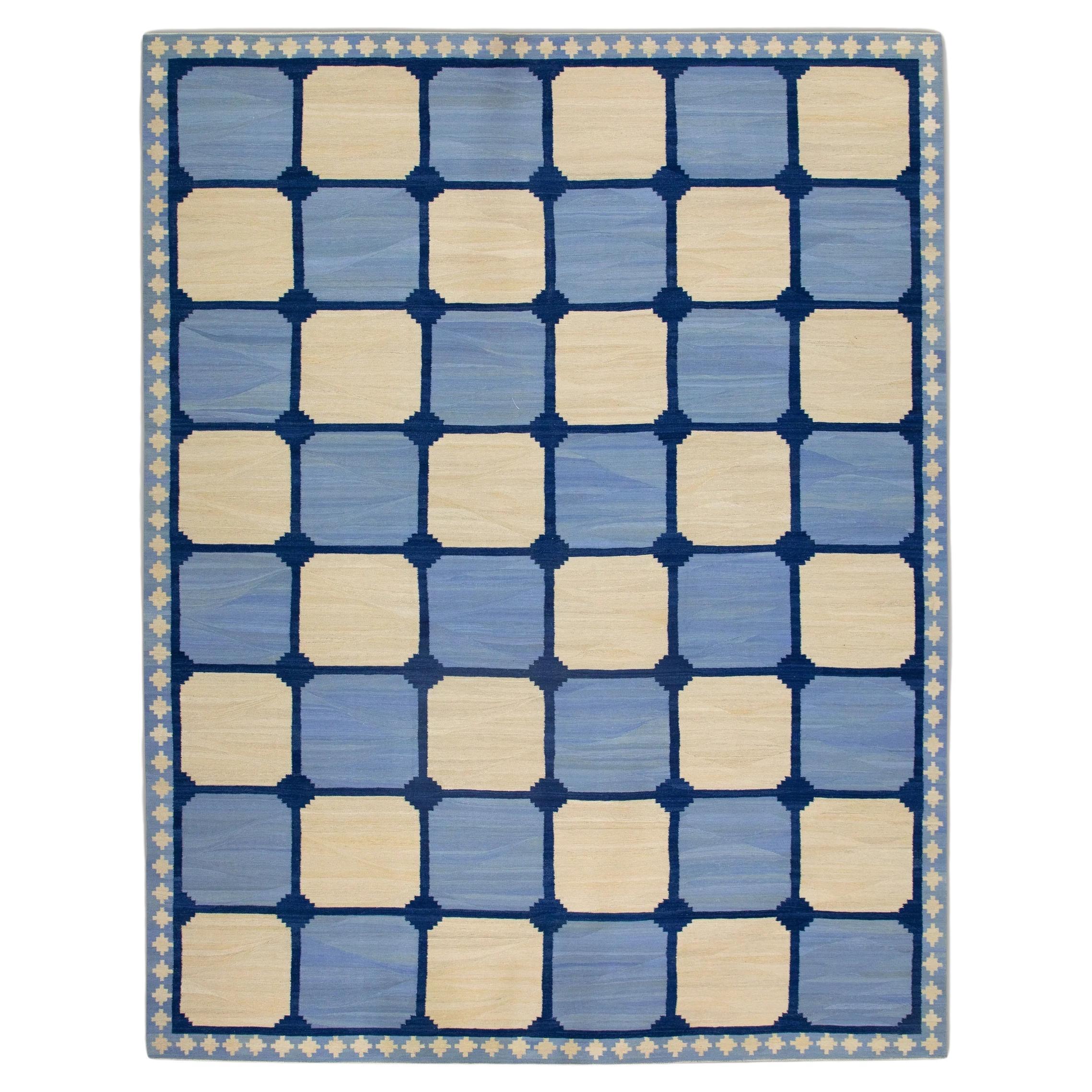 Blue Geometric Checkered Pattern Flatweave Handmade Wool Rug 12'5" X 15'5" For Sale