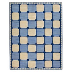 Blue Geometric Checkered Pattern Flatweave Handmade Wool Rug 12'5" X 15'5"