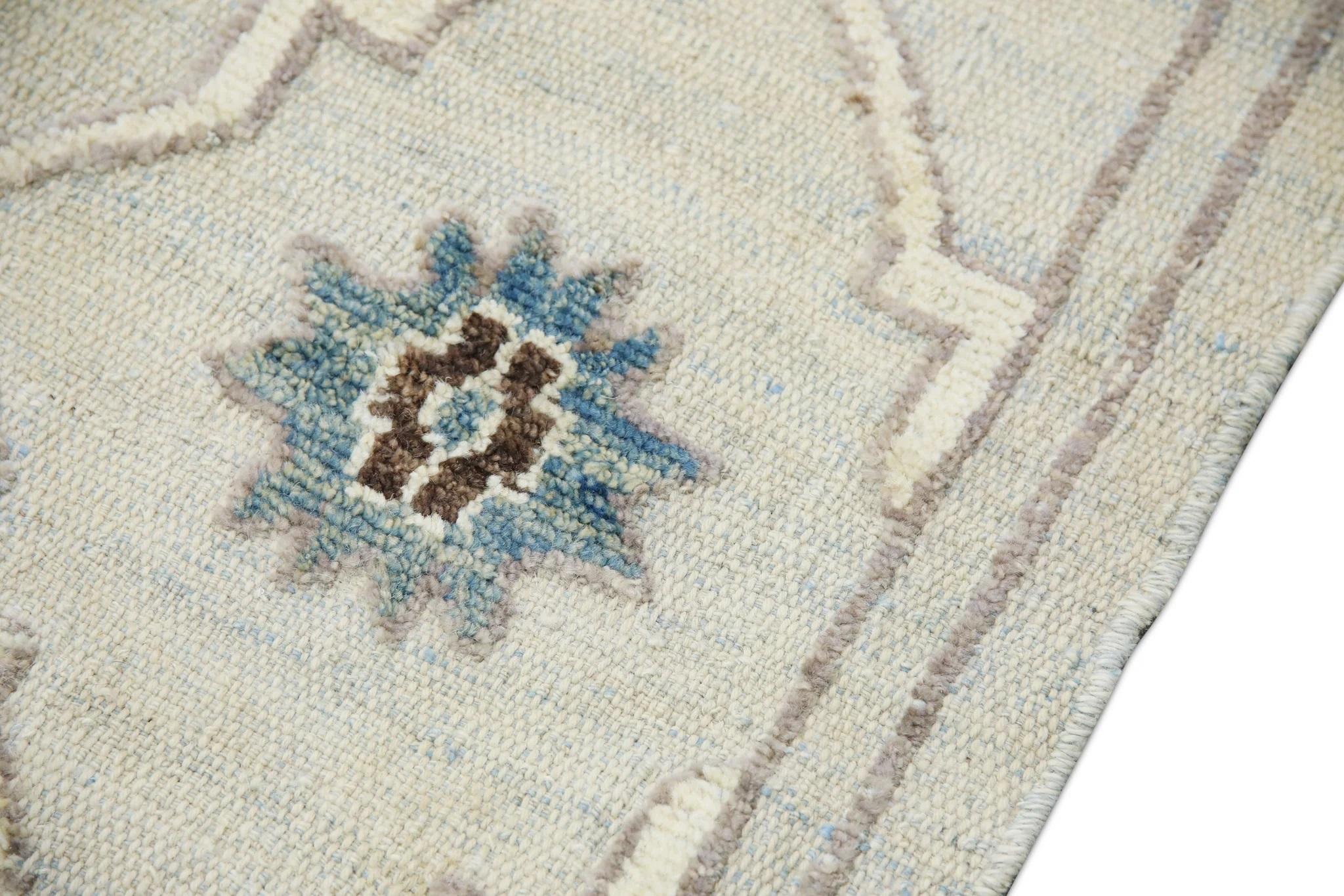 Modern Blue and Green Geometric Design Flatweave Handmade Wool Rug 12'7