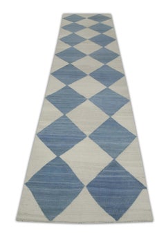 Blue Geometric Checkered Design Flatweave Handmade Wool Runner 2'10" X 11'11"