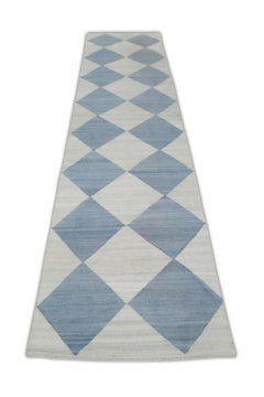Blue Checkered Pattern Flatweave Handmade Wool Rug 2'10" X 12'2"