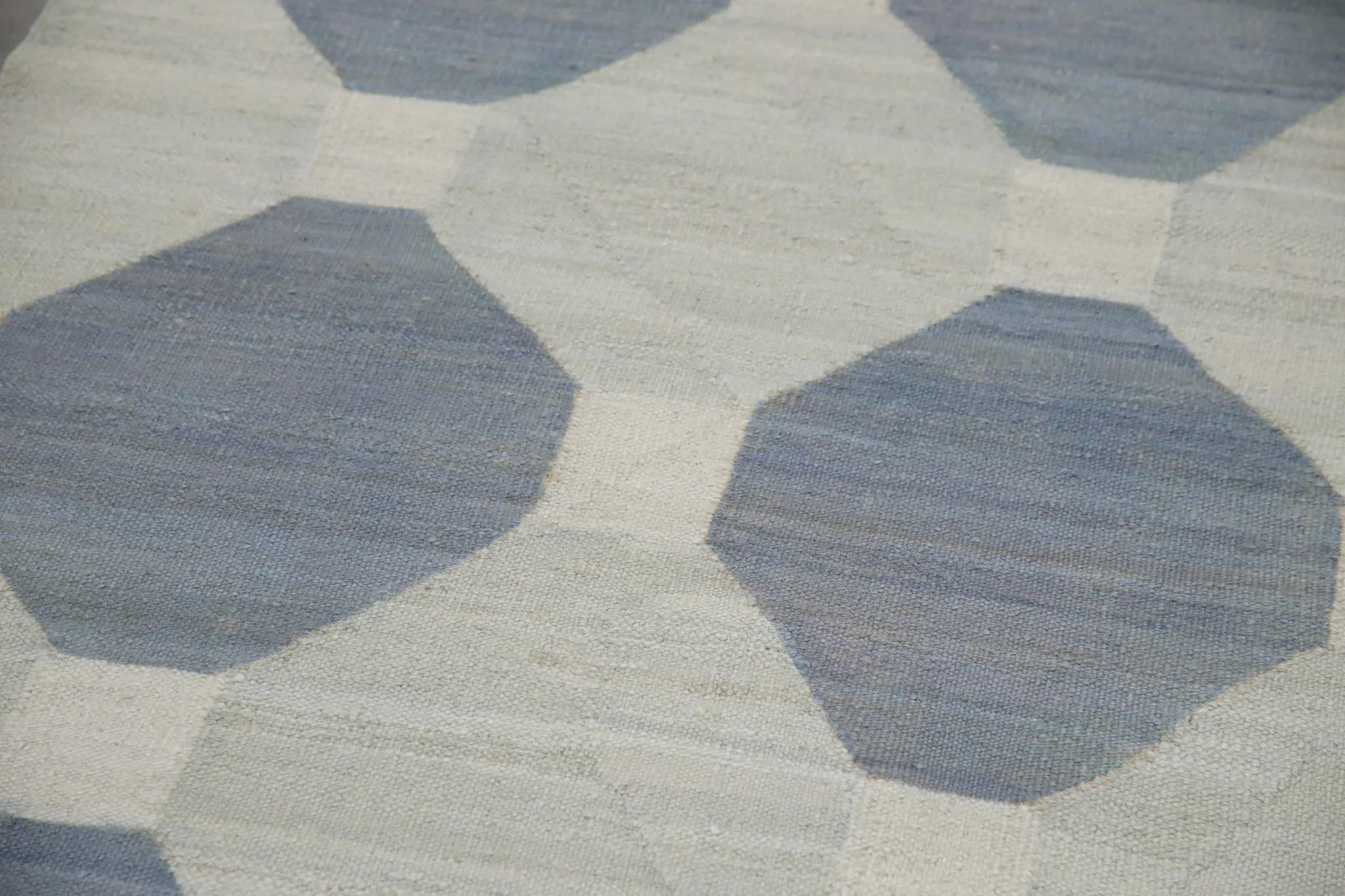 Modern Gray and Blue Geometric Design Flatweave Handmade Wool Runner 2'10