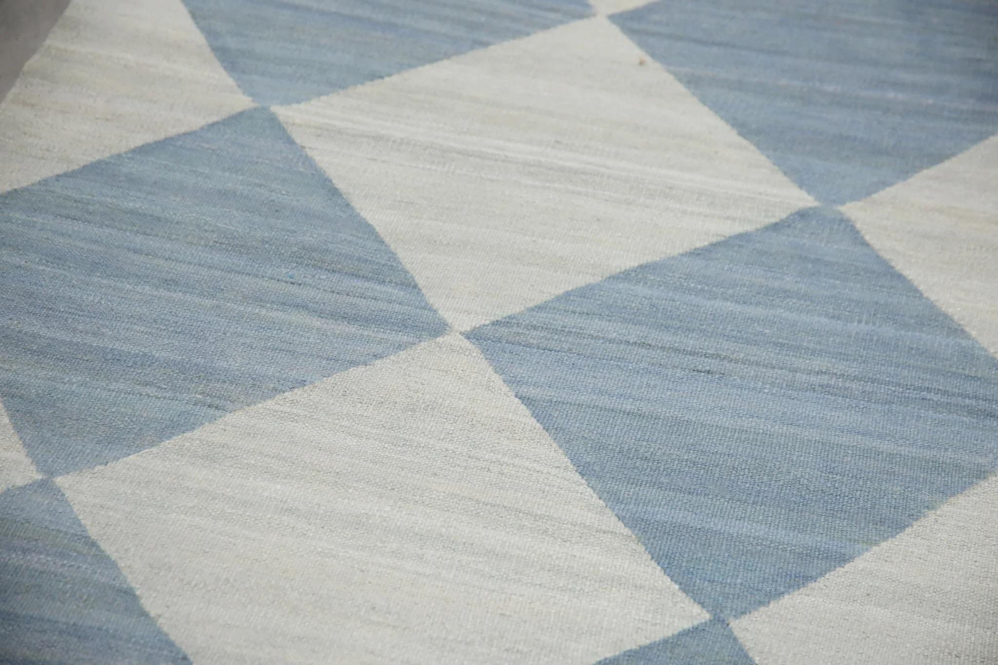 Modern Blue Checkered Pattern Flatweave Handmade Wool Rug 2'10