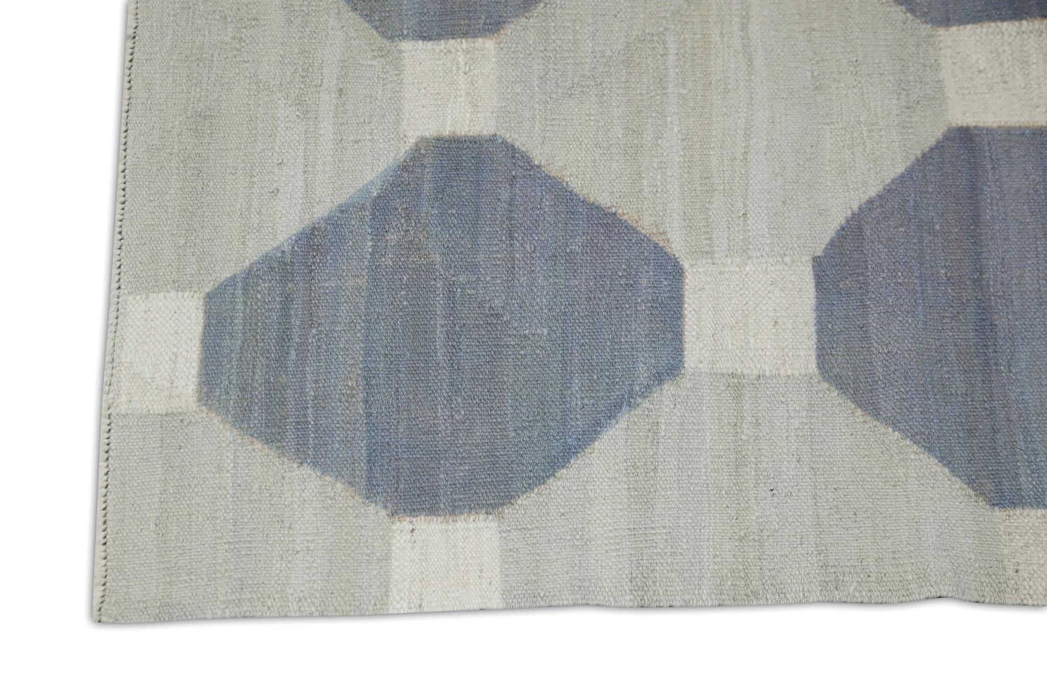 Turkish Gray and Blue Geometric Design Flatweave Handmade Wool Runner 2'10