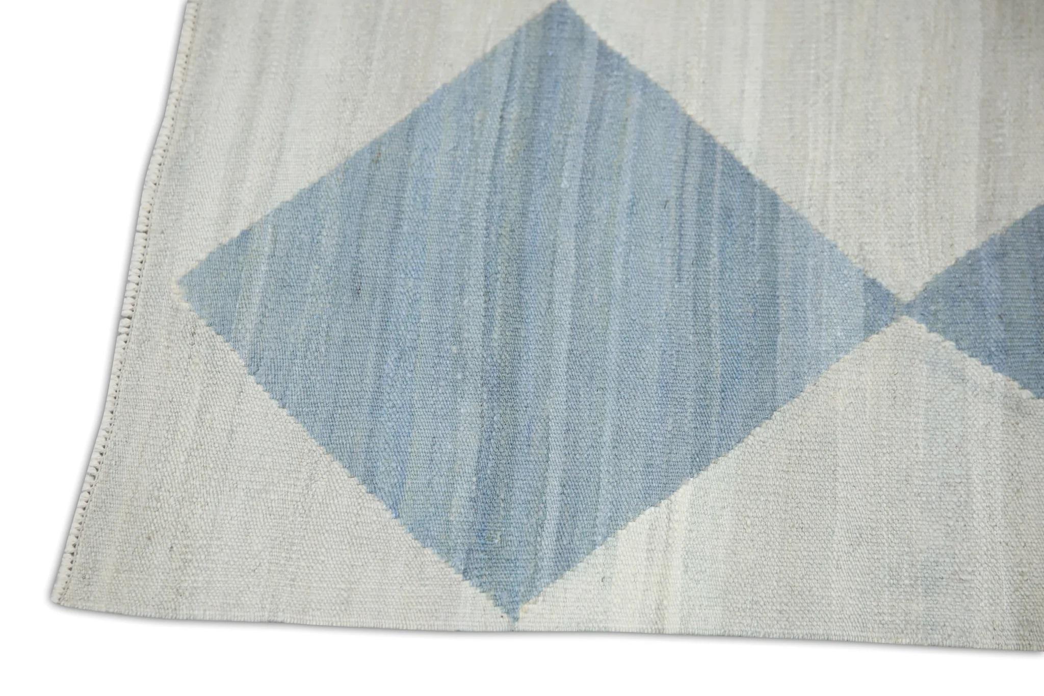 Turkish Blue Checkered Pattern Flatweave Handmade Wool Rug 2'10