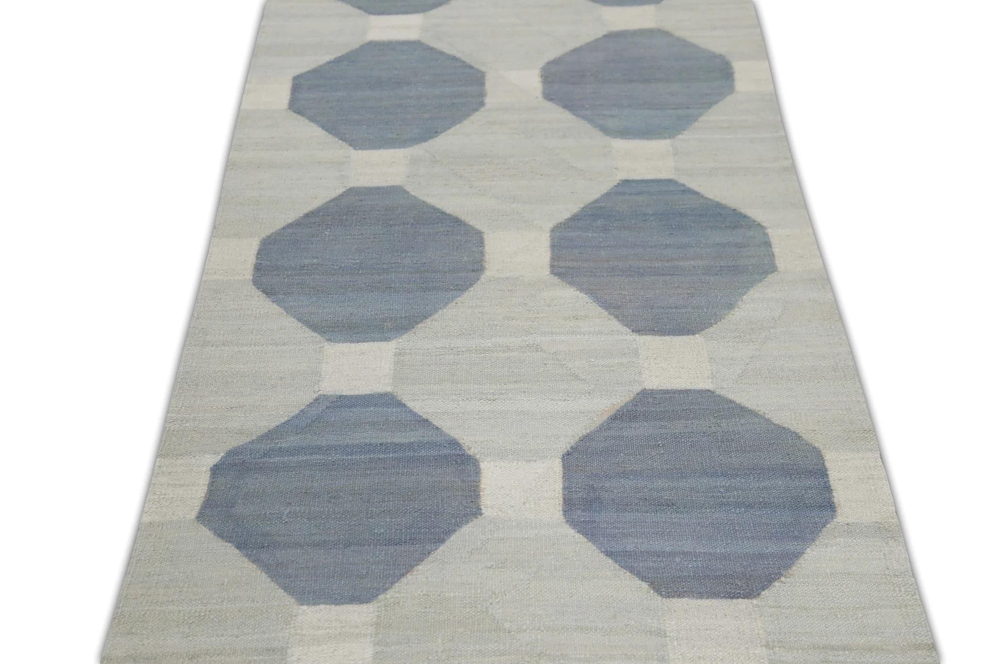 Vegetable Dyed Gray and Blue Geometric Design Flatweave Handmade Wool Runner 2'10
