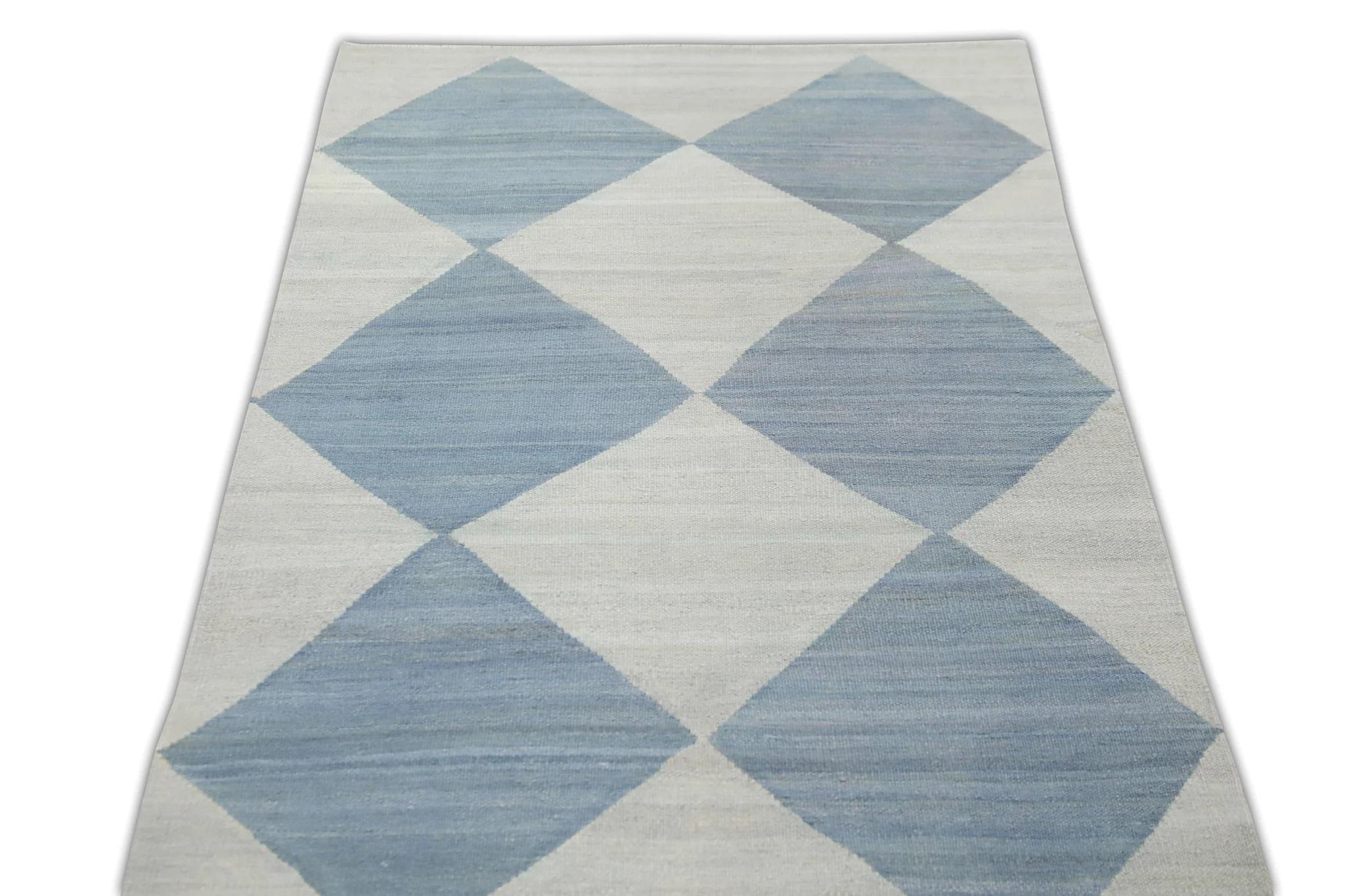 Vegetable Dyed Blue Checkered Pattern Flatweave Handmade Wool Rug 2'10