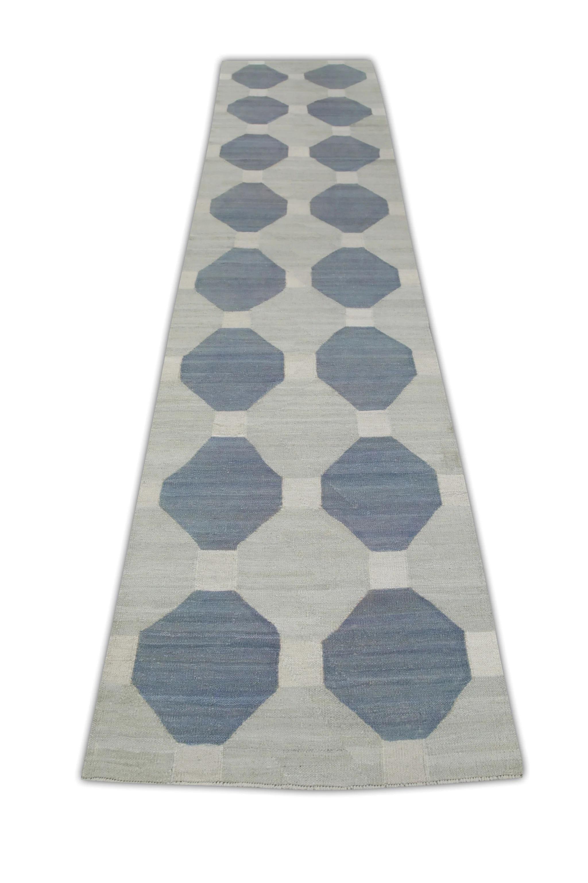 Gray and Blue Geometric Design Flatweave Handmade Wool Runner 2'10