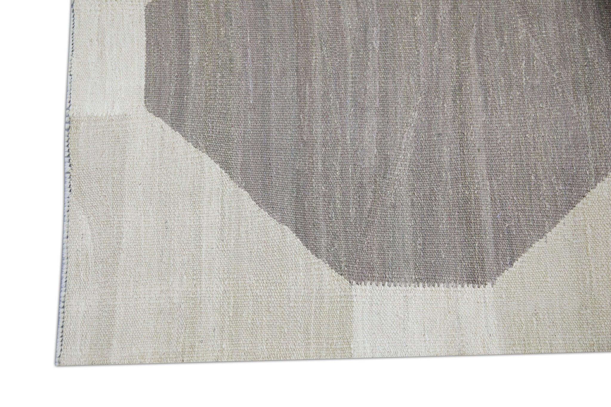 Tan and Brown Geometric Design Flatweave Handmade Wool Runner 2'10