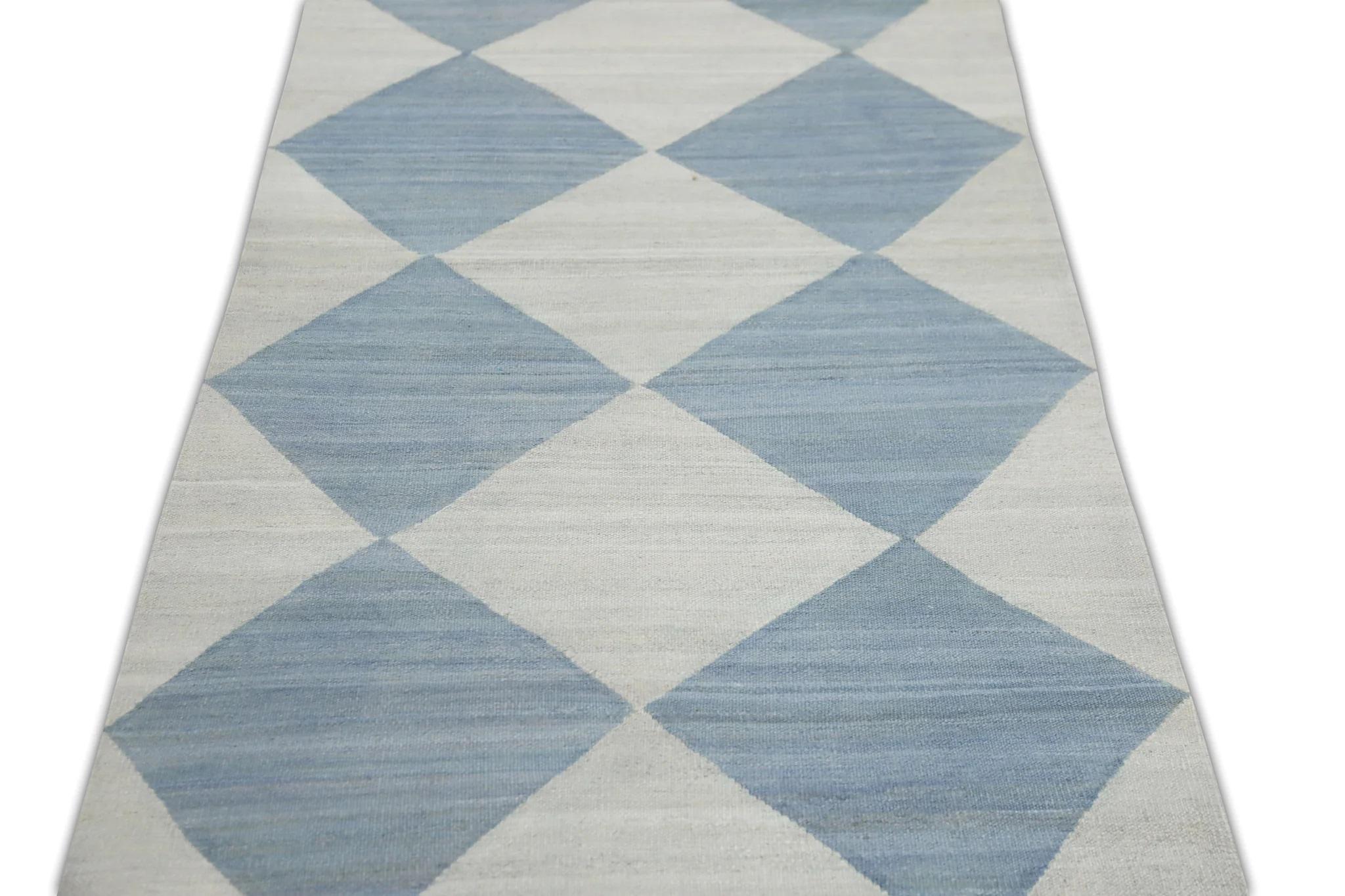 Blue Checkered Pattern Flatweave Handmade Wool Rug 2'10