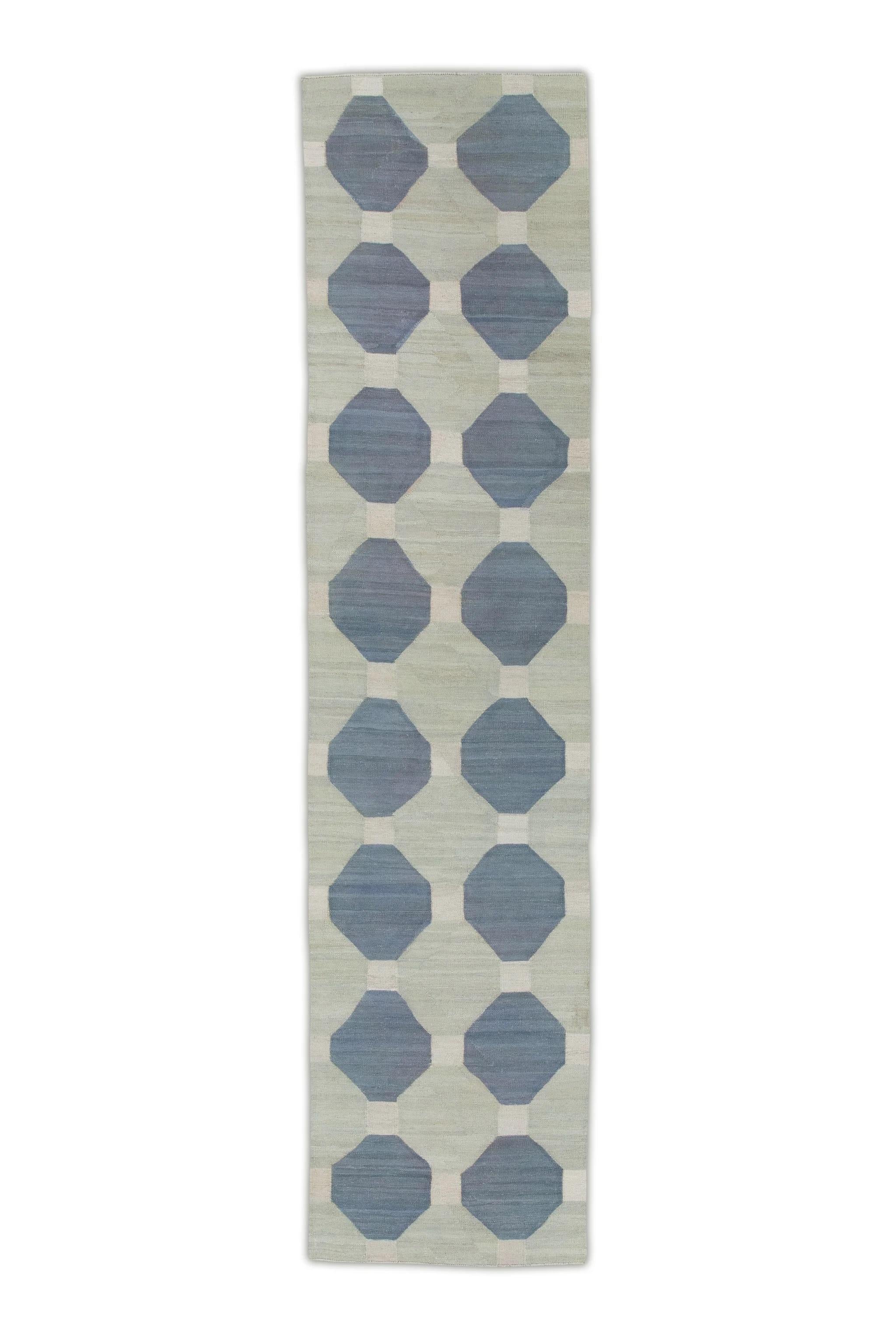 Contemporary Gray and Blue Geometric Design Flatweave Handmade Wool Runner 2'10