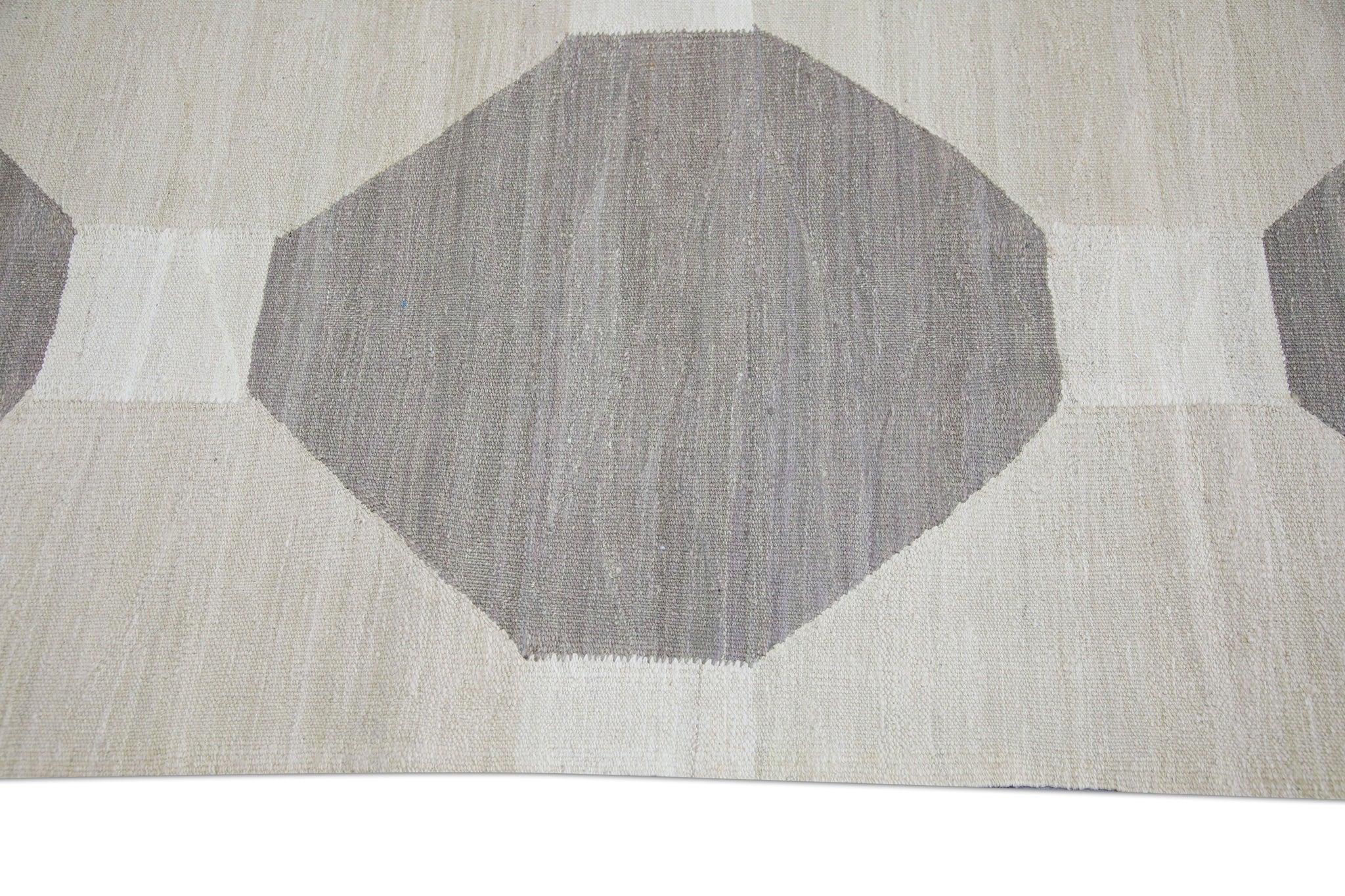 Contemporary Tan and Brown Geometric Design Flatweave Handmade Wool Runner 2'10