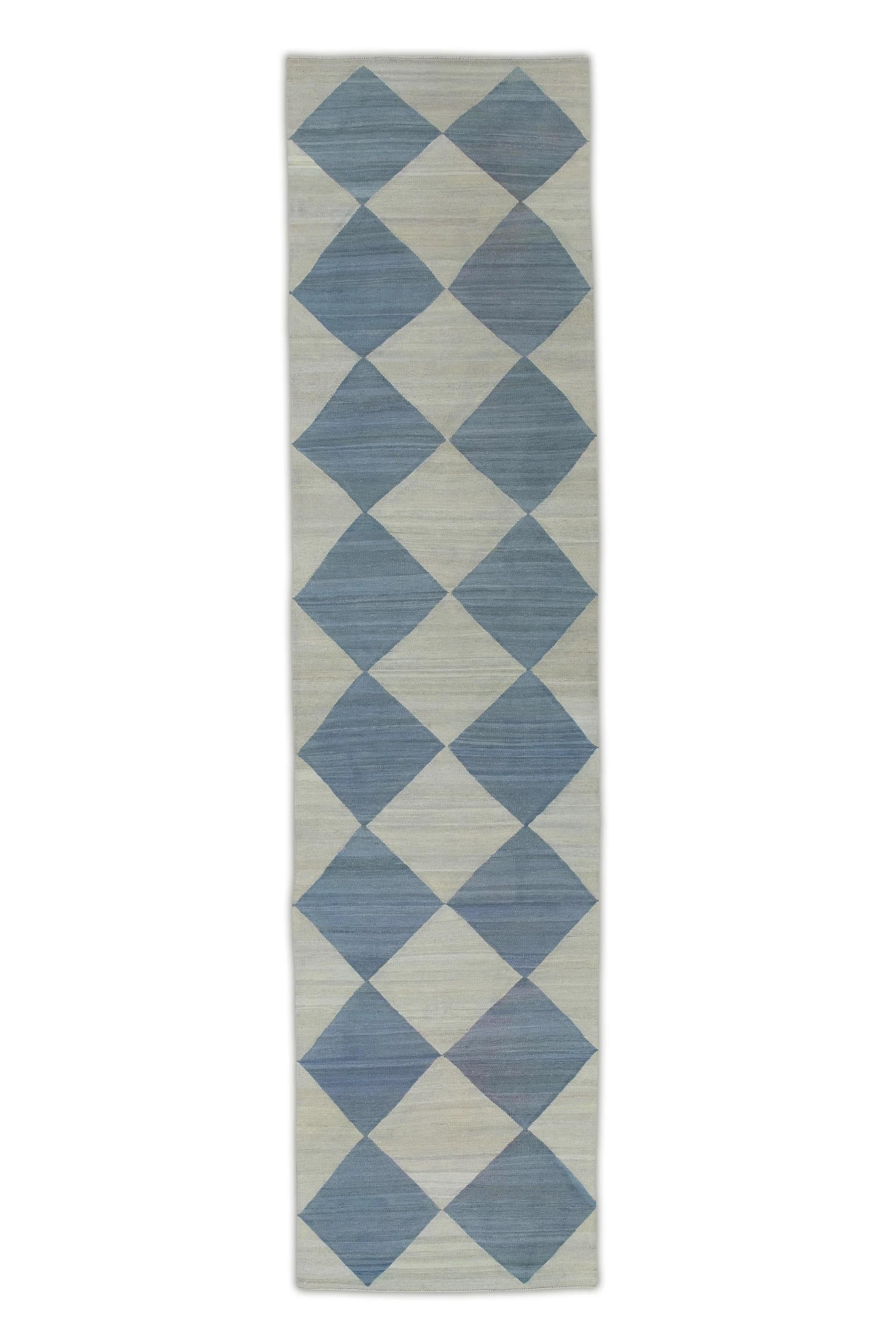 Contemporary Blue Checkered Pattern Flatweave Handmade Wool Rug 2'10