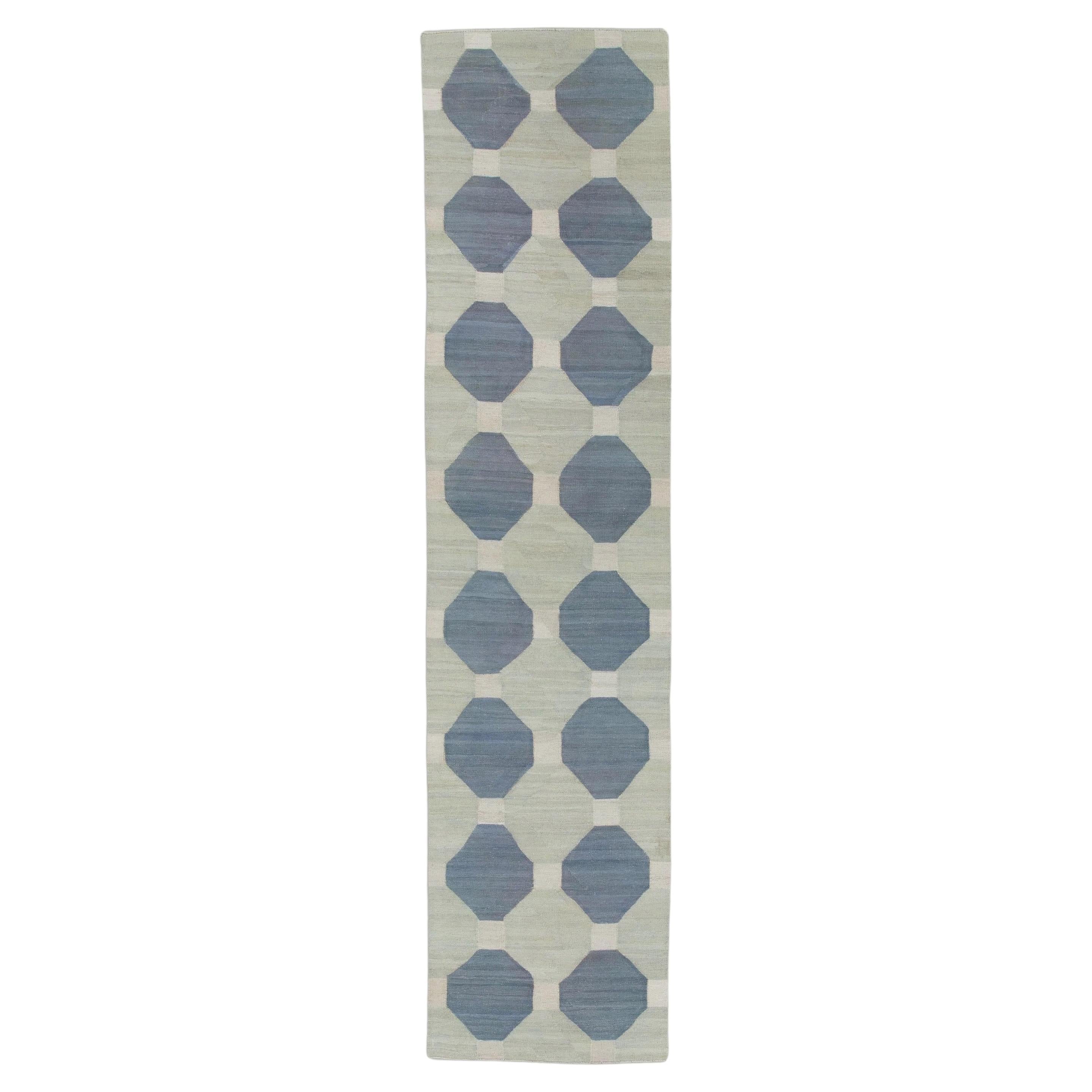 Gray and Blue Geometric Design Flatweave Handmade Wool Runner 2'10" X 12'2" For Sale