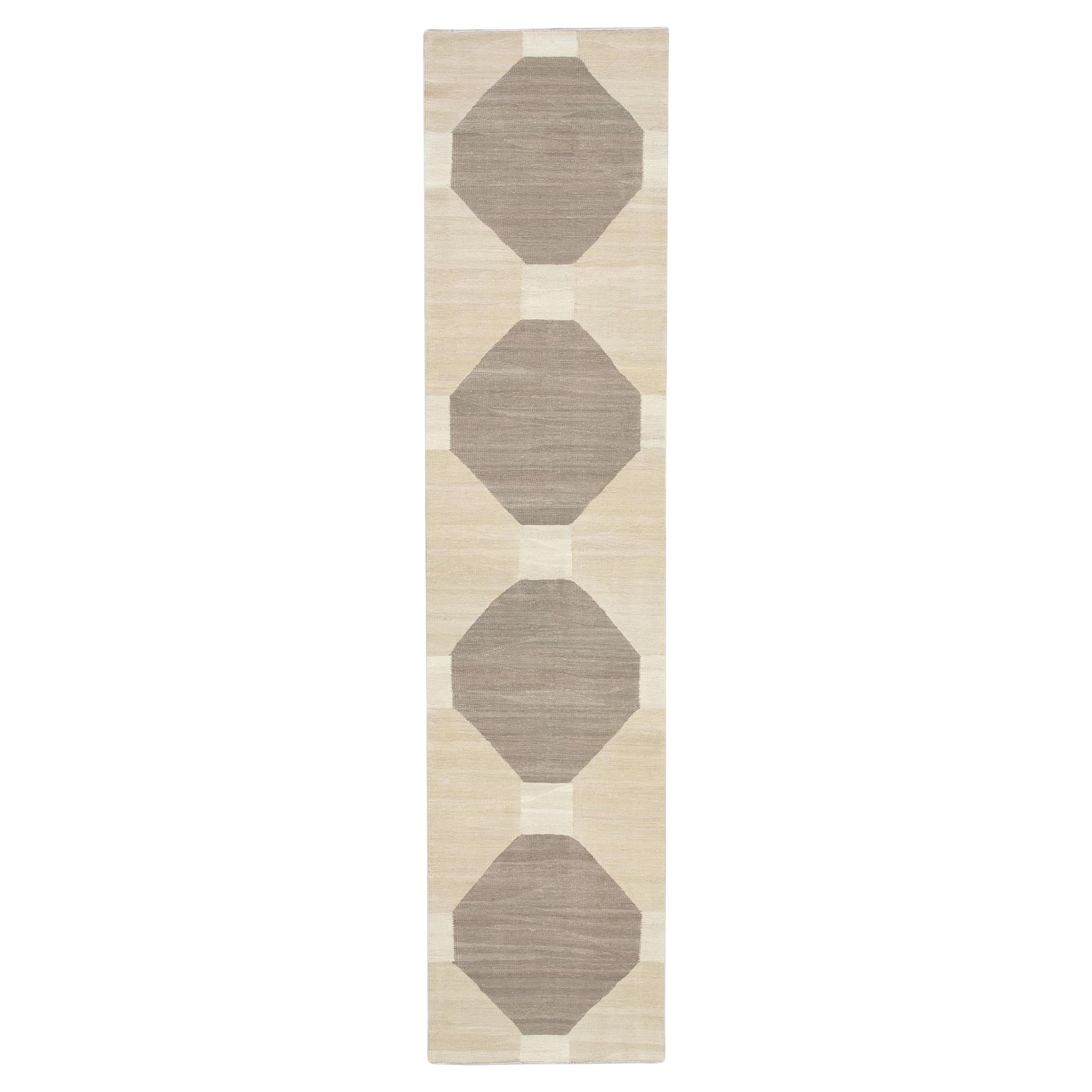 Tan and Brown Geometric Design Flatweave Handmade Wool Runner 2'10" x 12'2"