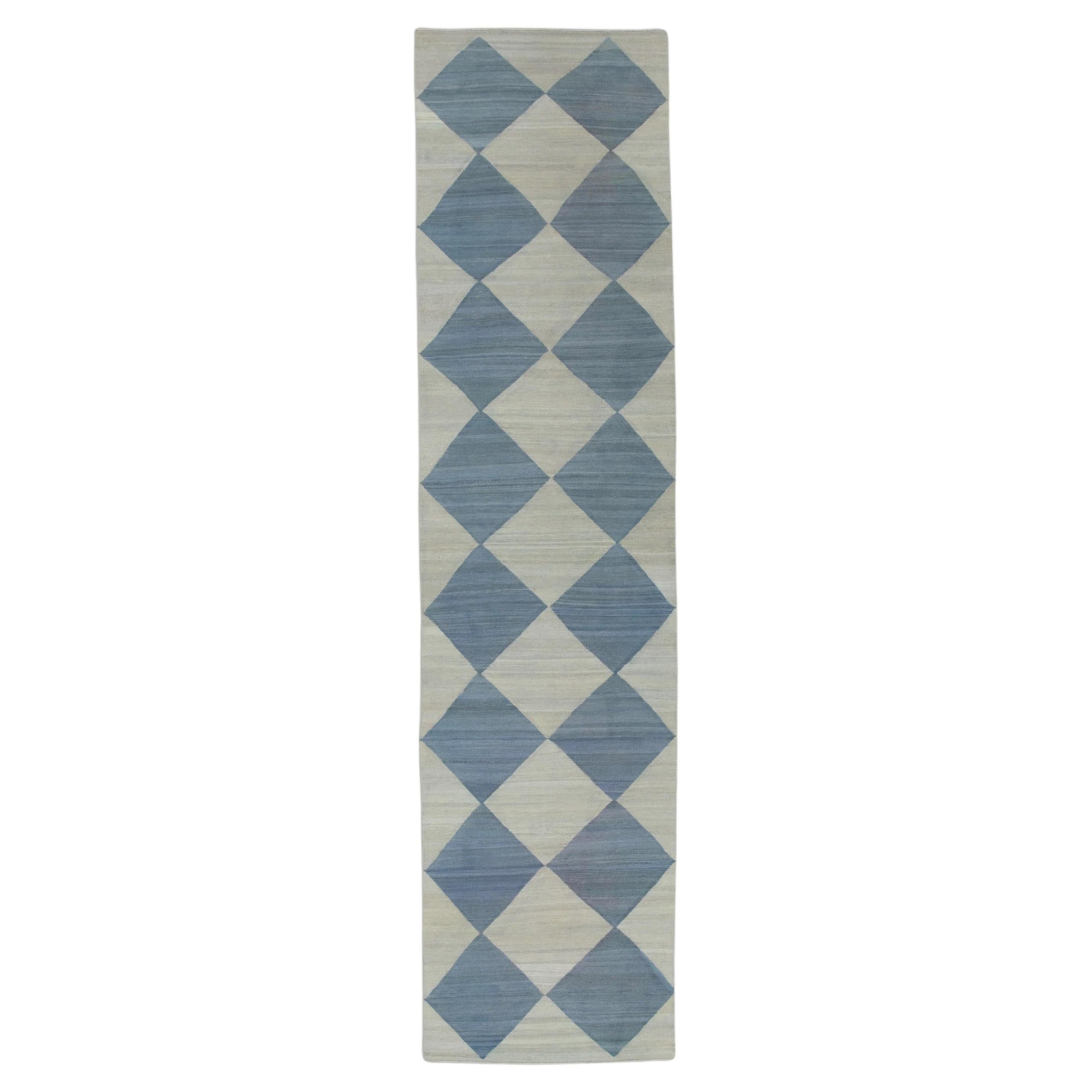 Blue Checkered Pattern Flatweave Handmade Wool Rug 2'10" X 12'2" For Sale