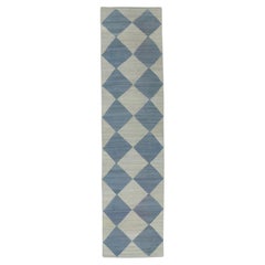 Alfombra de lana tejida a mano con diseño de cuadros azules 2'10" X 12'2