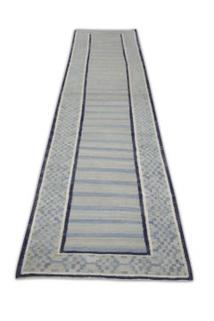 Flatweave Handmade Wool Runner in Blue Geometric Pattern 2'11" X 12'1"
