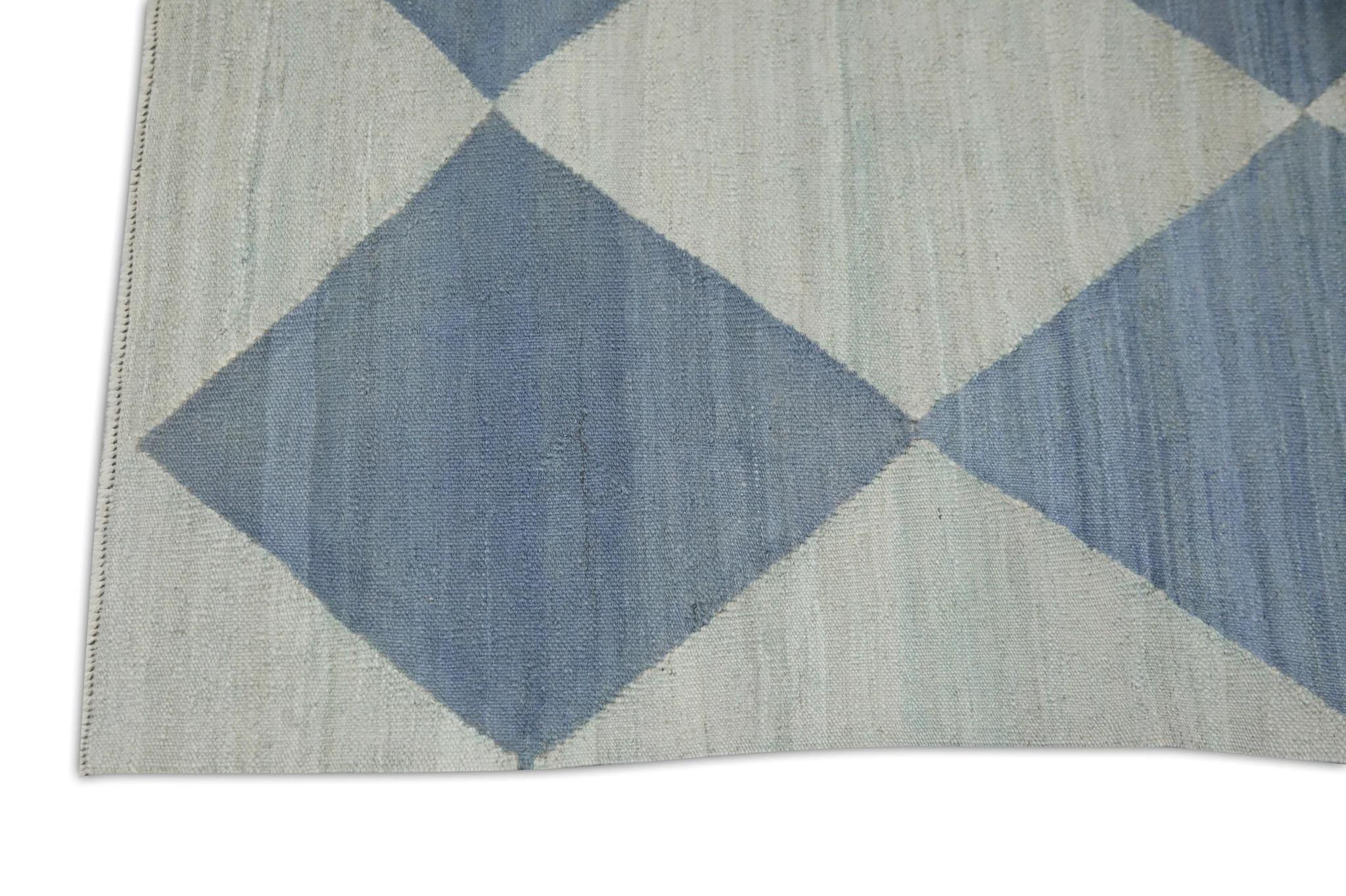Modern Blue Geometric Checkered Design Flatweave Handmade Wool Runner 2'11