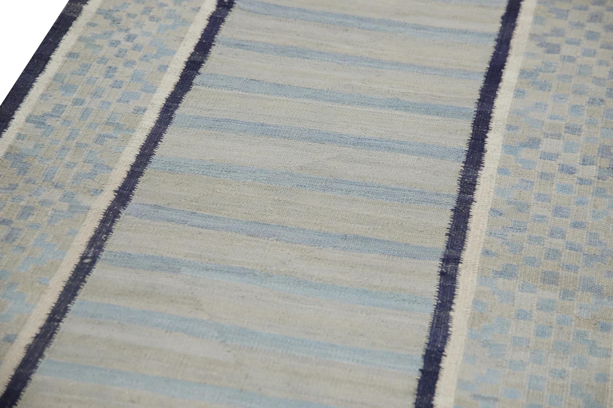 Modern Flatweave Handmade Wool Runner in Blue Geometric Pattern 2'11