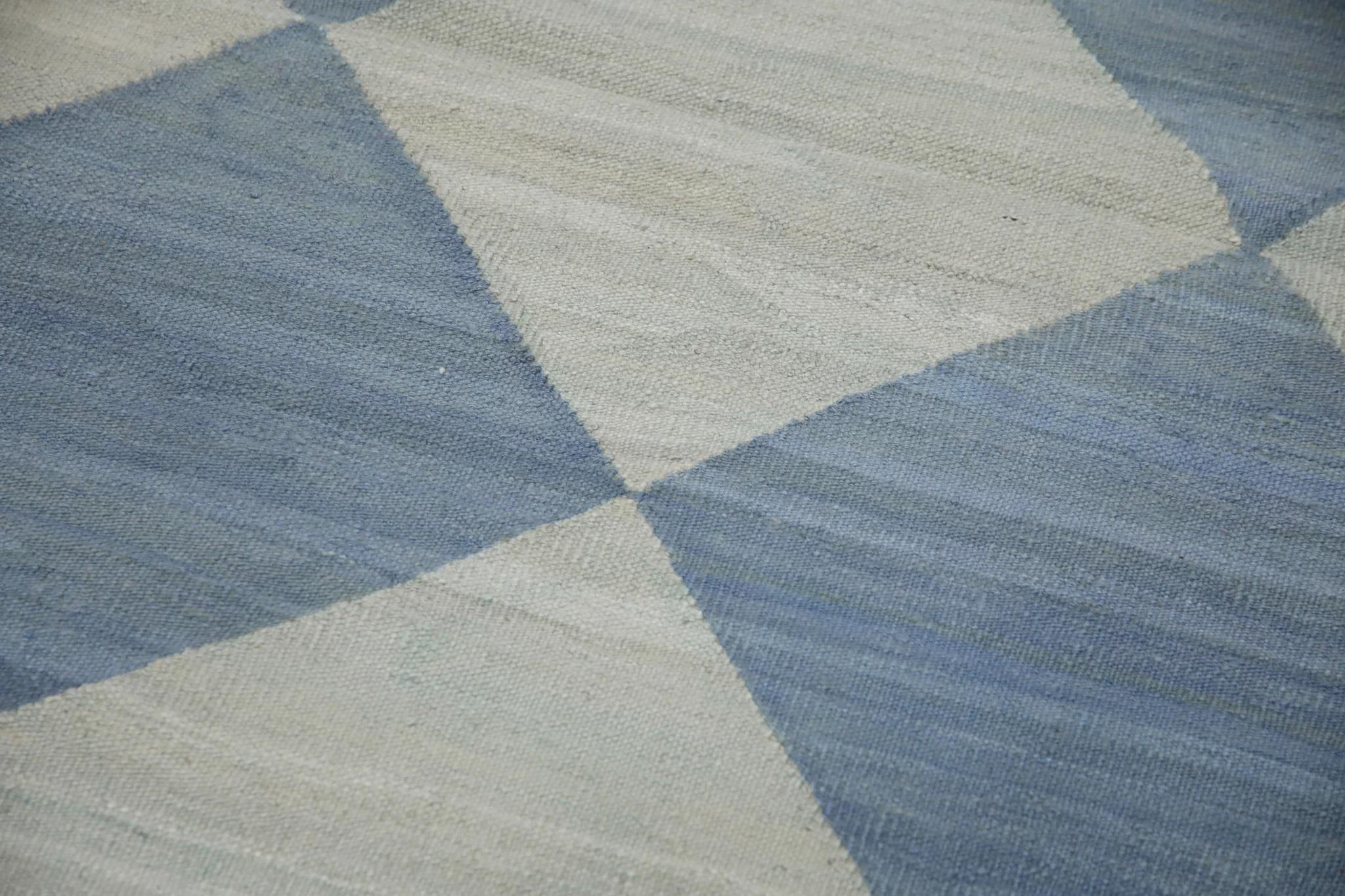 Turkish Blue Geometric Checkered Design Flatweave Handmade Wool Runner 2'11