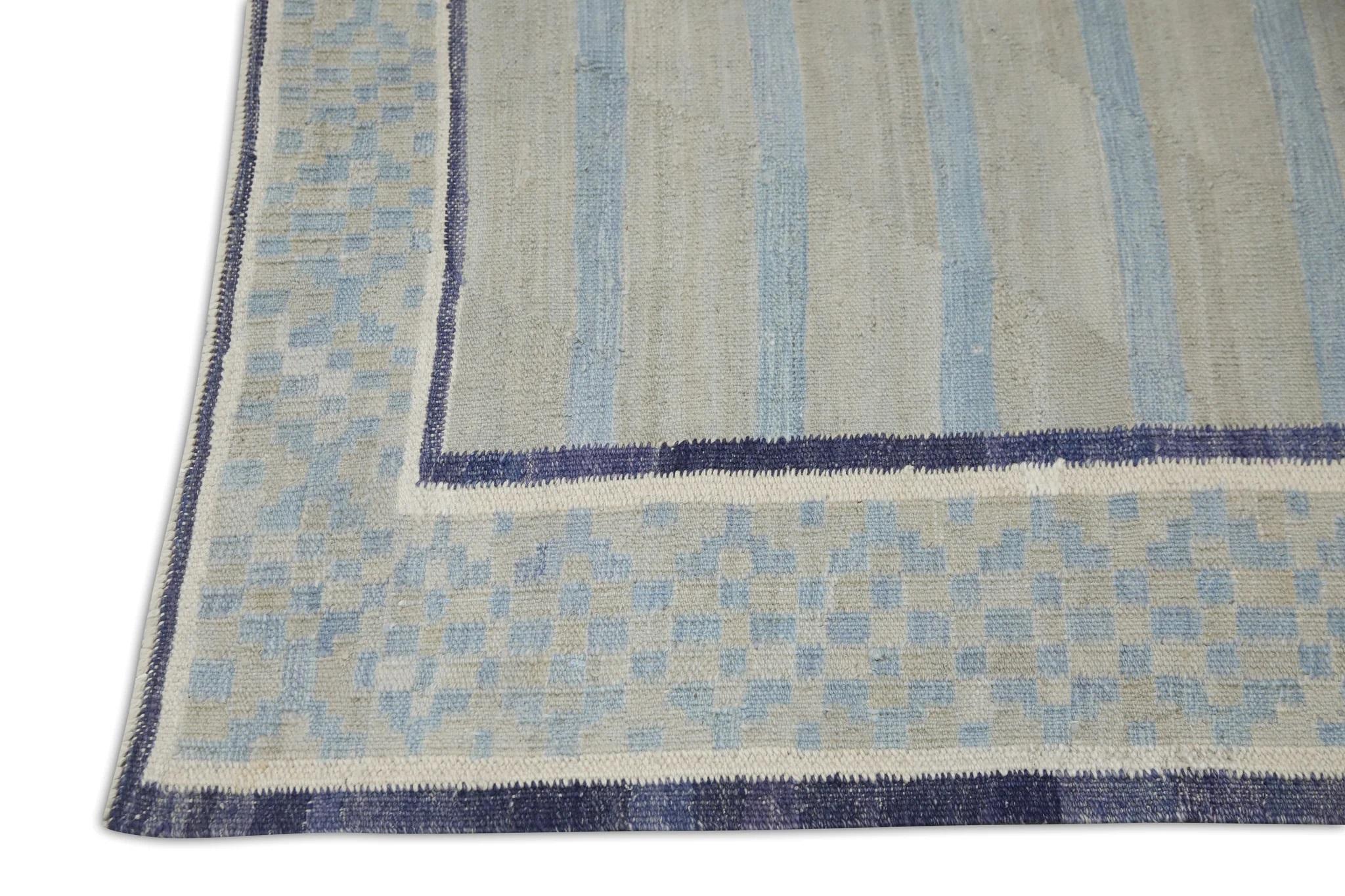 Turkish Flatweave Handmade Wool Runner in Blue Geometric Pattern 2'11
