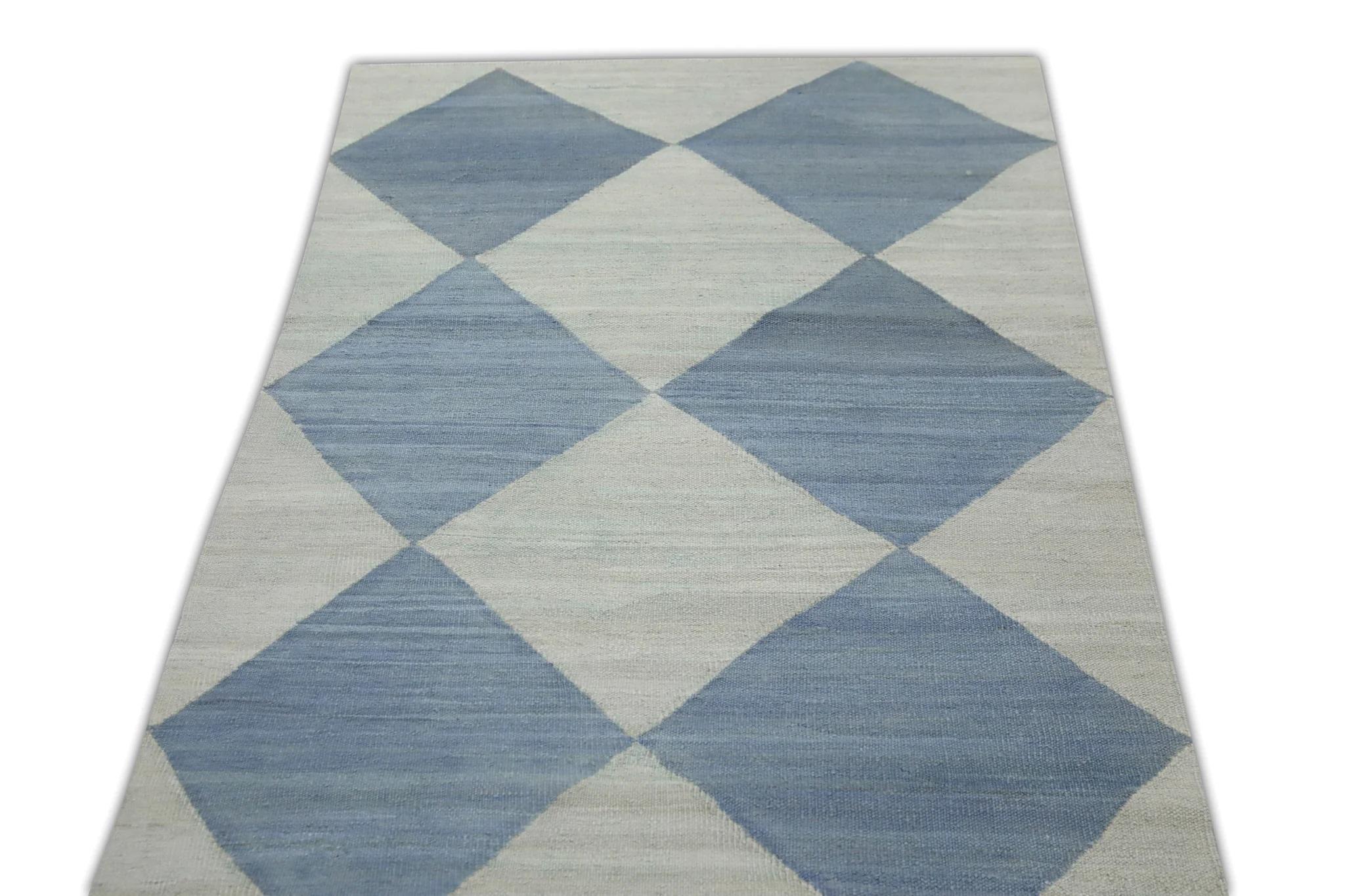 Vegetable Dyed Blue Geometric Checkered Design Flatweave Handmade Wool Runner 2'11