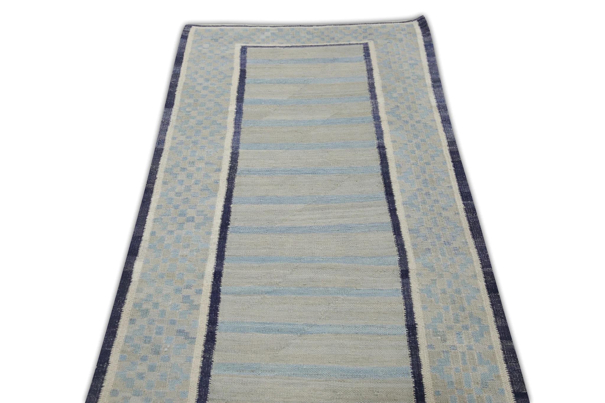 Vegetable Dyed Flatweave Handmade Wool Runner in Blue Geometric Pattern 2'11