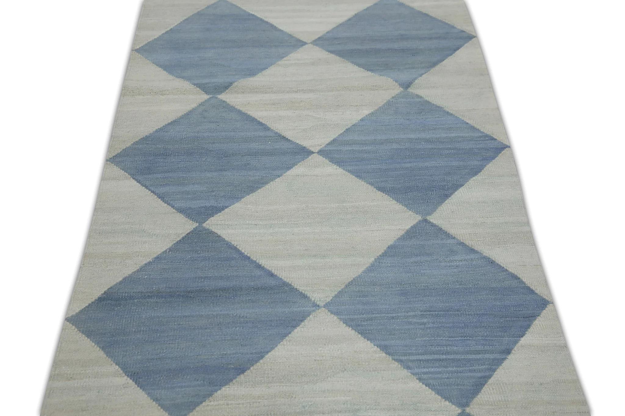 Blue Geometric Checkered Design Flatweave Handmade Wool Runner 2'11