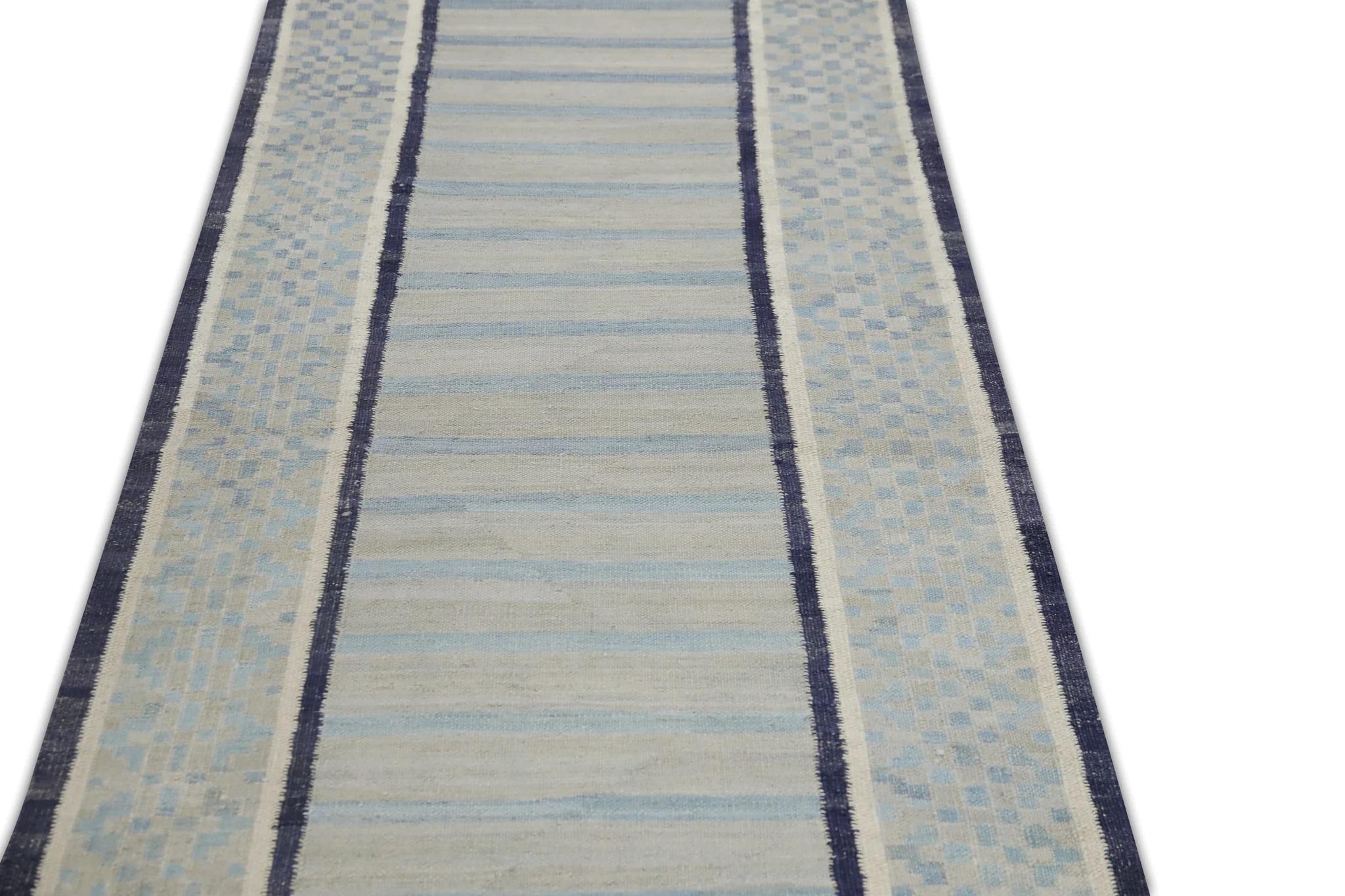Flatweave Handmade Wool Runner in Blue Geometric Pattern 2'11